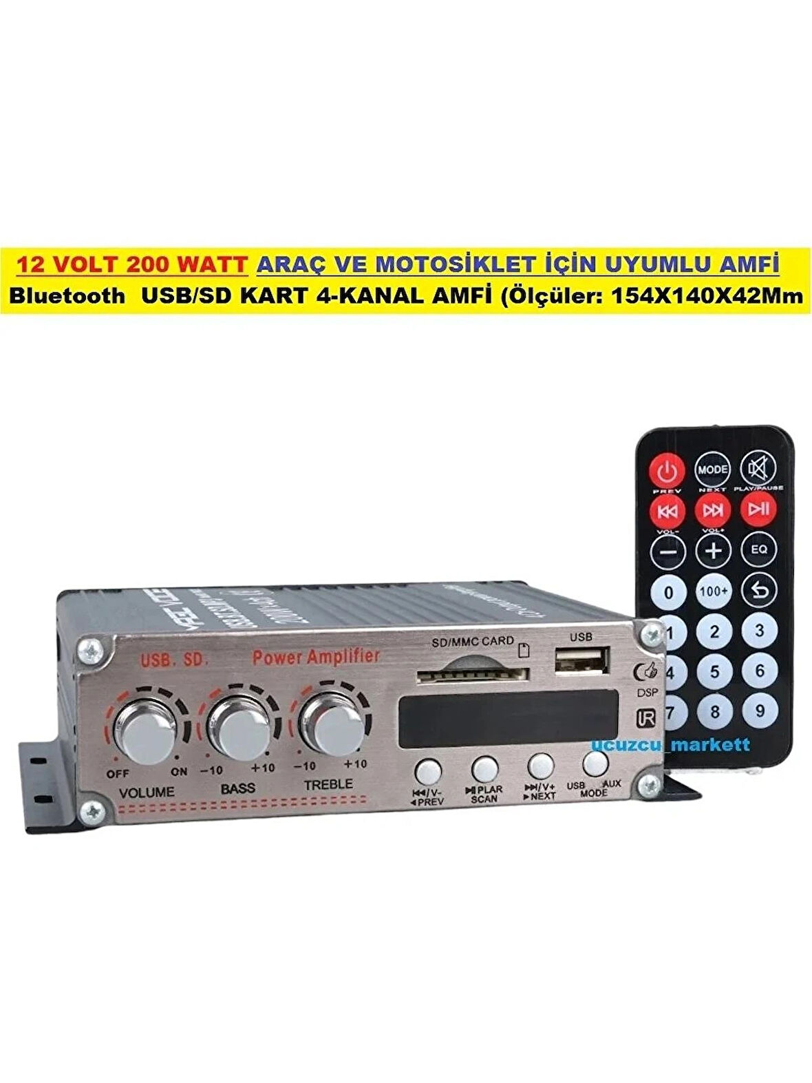 12 Volt 200 Watt Araç ve Motosiklet Için Uyumlu Amfi (Bluetooth - Usb/sd Kart - 4 Kanal Anfi (ÖLÇÜLER:154X140X42MM)