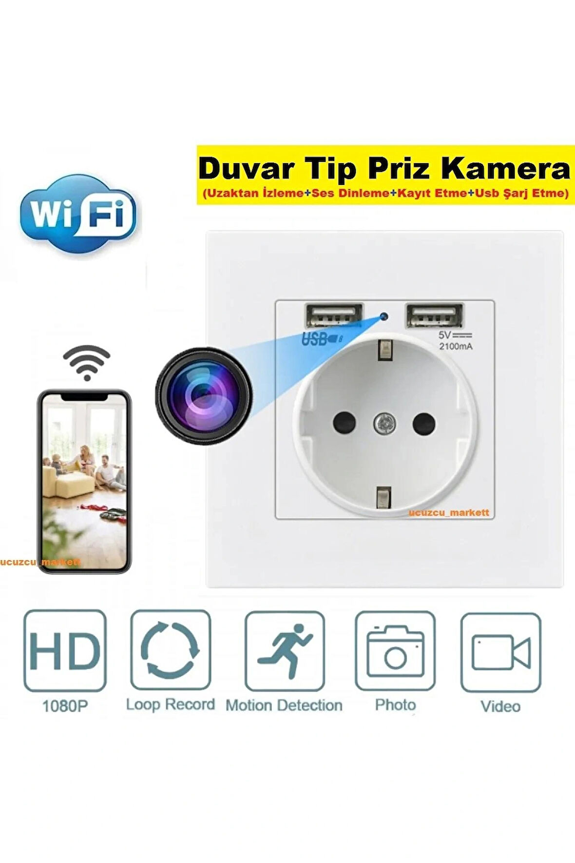 Duvar Tip Priz Kamera (Uzaktan İzleme - Ses Dinleme - Kayıt Etme - Usb Şarj etme)