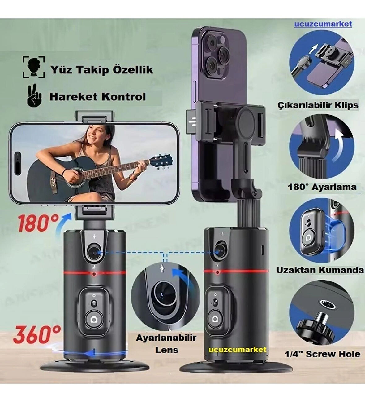 Yüz Takip Eden Uzaktan Kumandalı Otomatik Tripod (360 Derece Dönme-Vücut Hareket Takip Kontrolü-Gimbal Sabitleyici) 