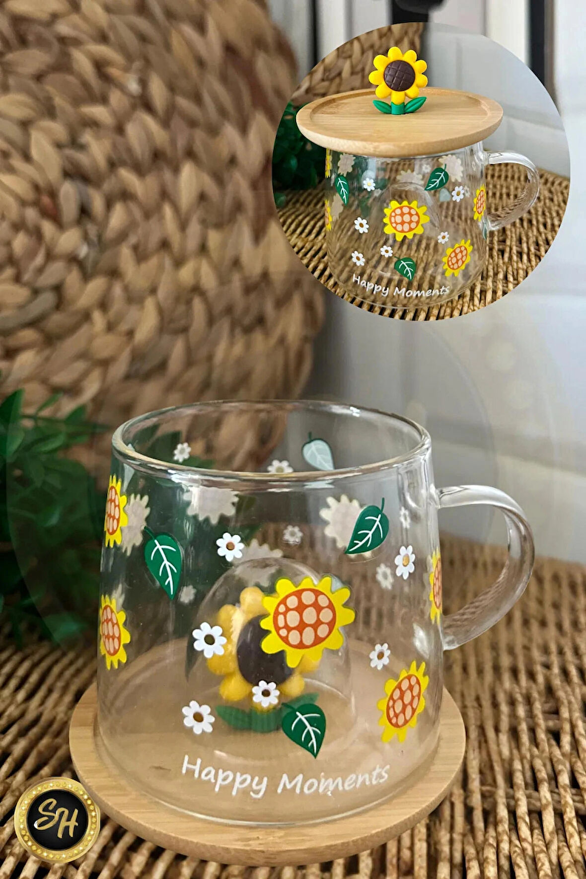 Ayçiçeği Figürlü Bambu Altlıklı Kahve Bardağı-300 ML