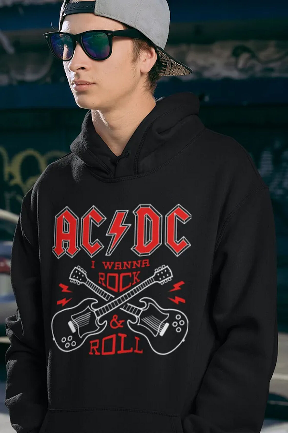 AC DC I Wanna Rock & Roll Baskılı Unisex Oversize Rock Metal Hoodie