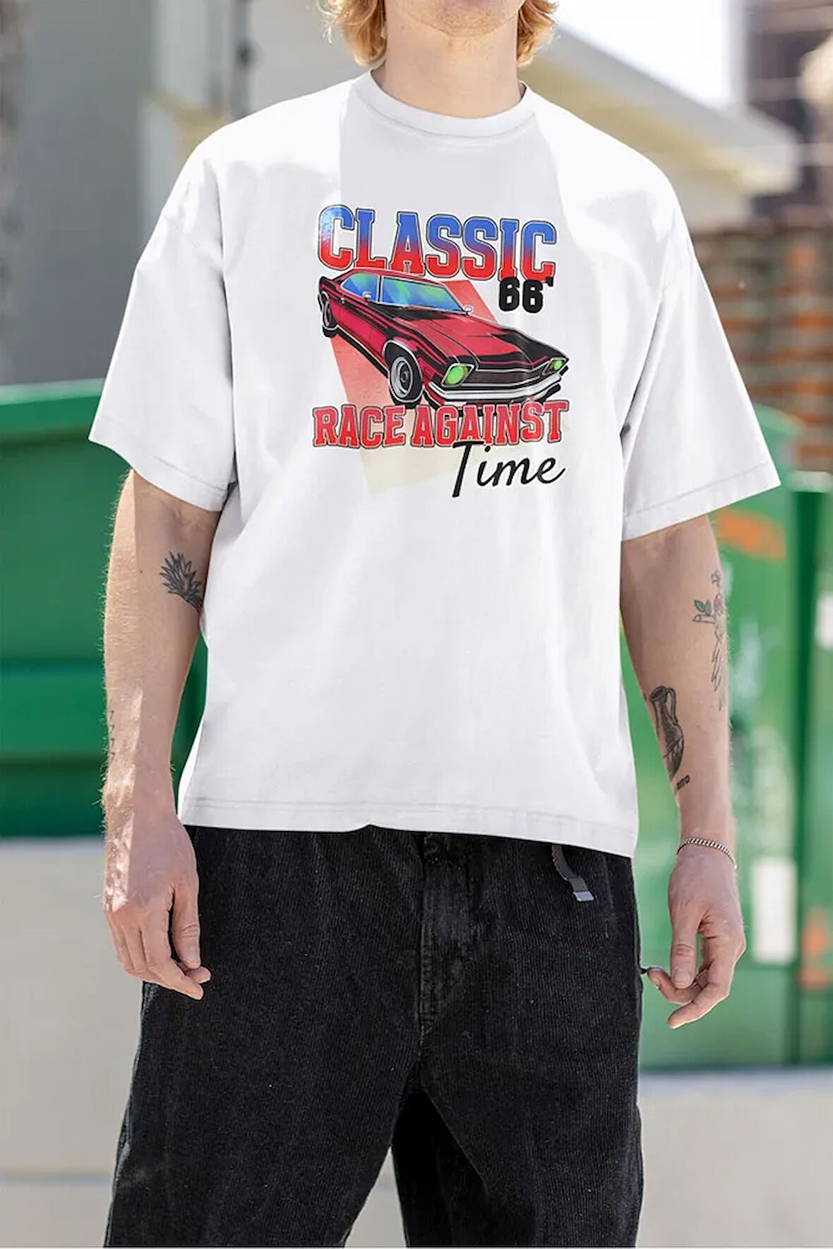 Classiic 66 Racce Agaiinst Time Baskılı Uniseex Tişört, Oversize Araba Tişört