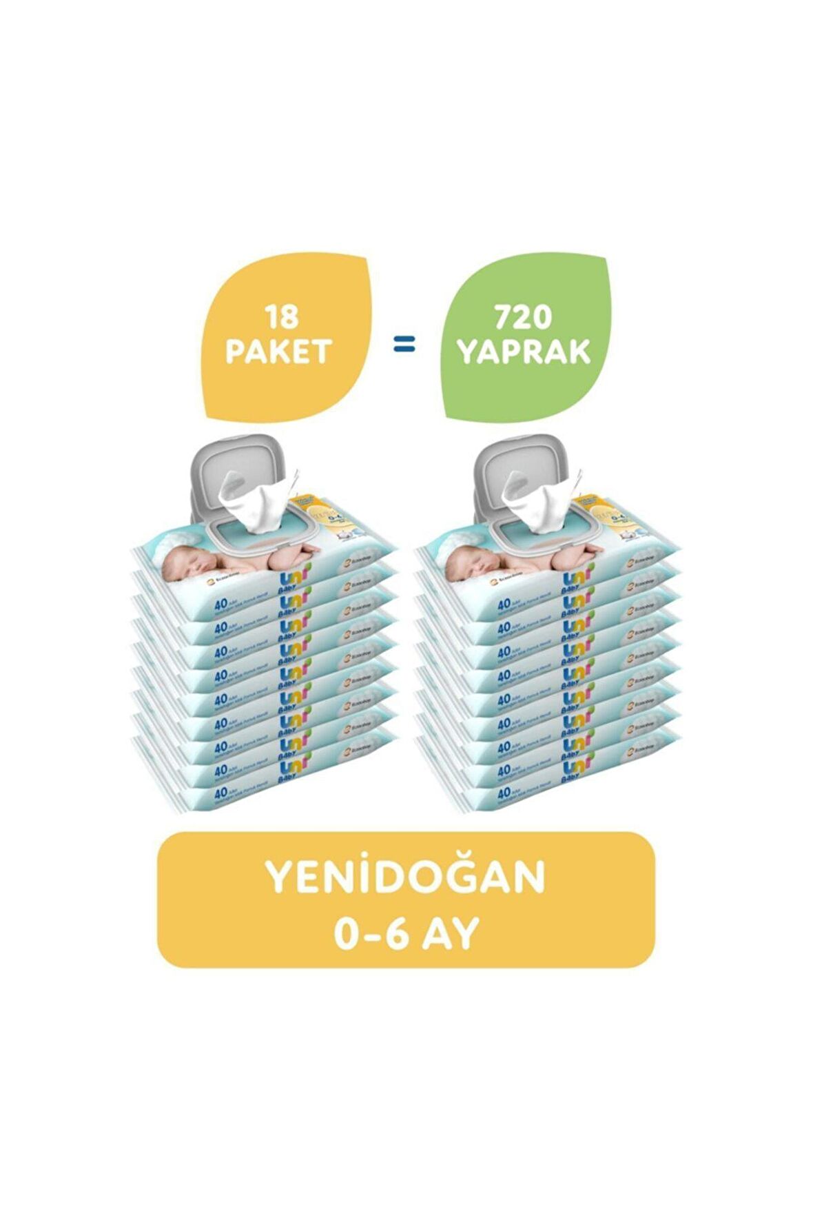 Uni Baby Yenidoğan Alkolsüz-Parfümsüz 18 x 40 Yaprak 18 Paket Islak Mendil