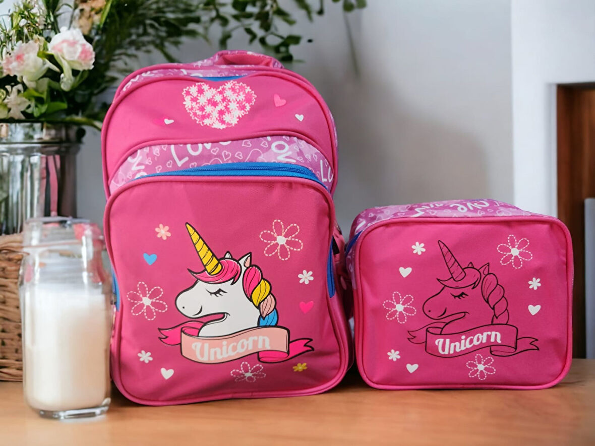 Unicorn Baskılı Kaliteli Okul Çantası Ve Beslenme Çantası