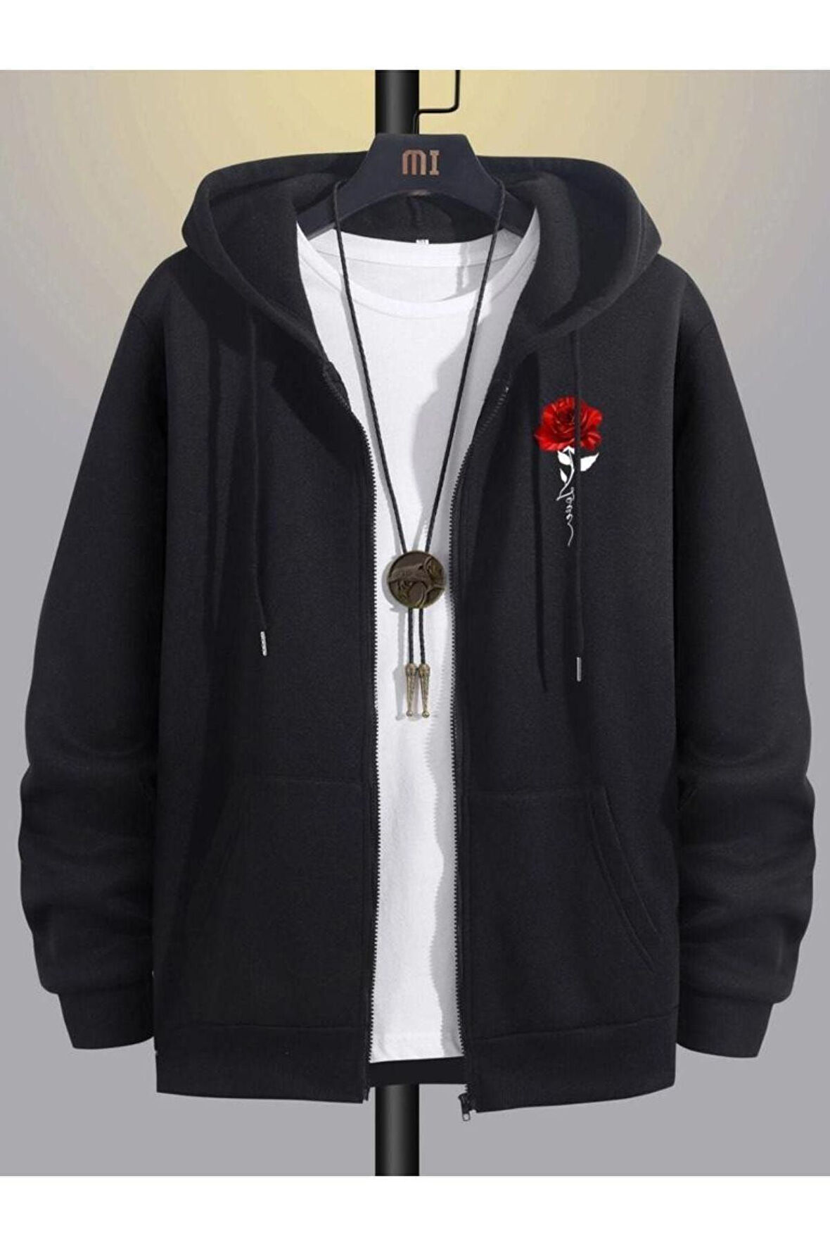 Unisex Beyaz Çicek Baskı Fermuarlı Kapüşonlu Oversize Hırka