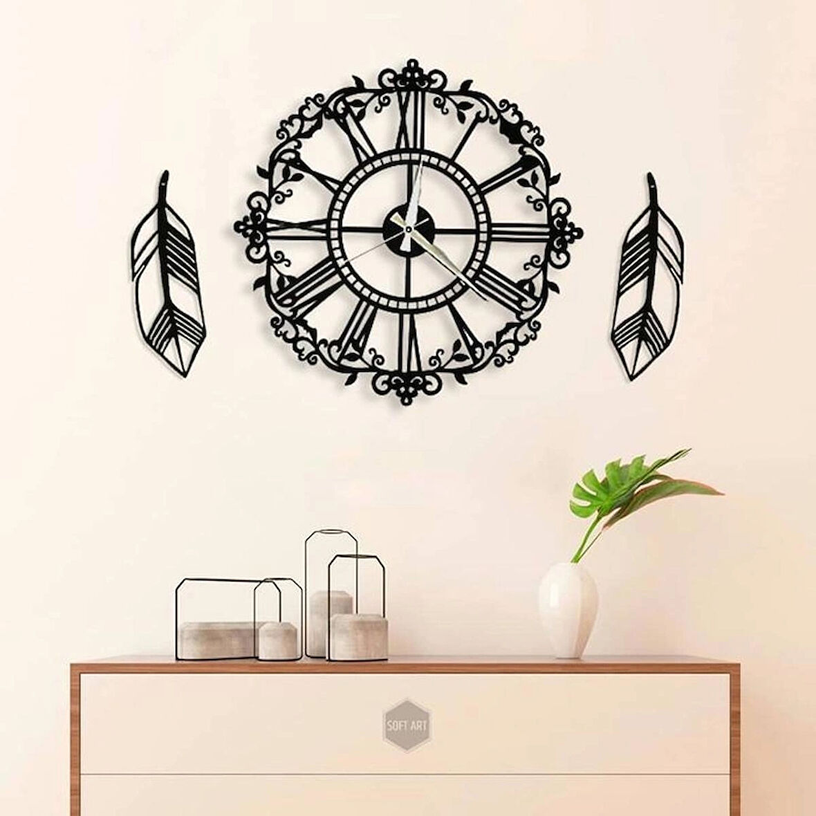Çiçek Desenli Dekoratif Duvar Saat+2li.Yaprak 