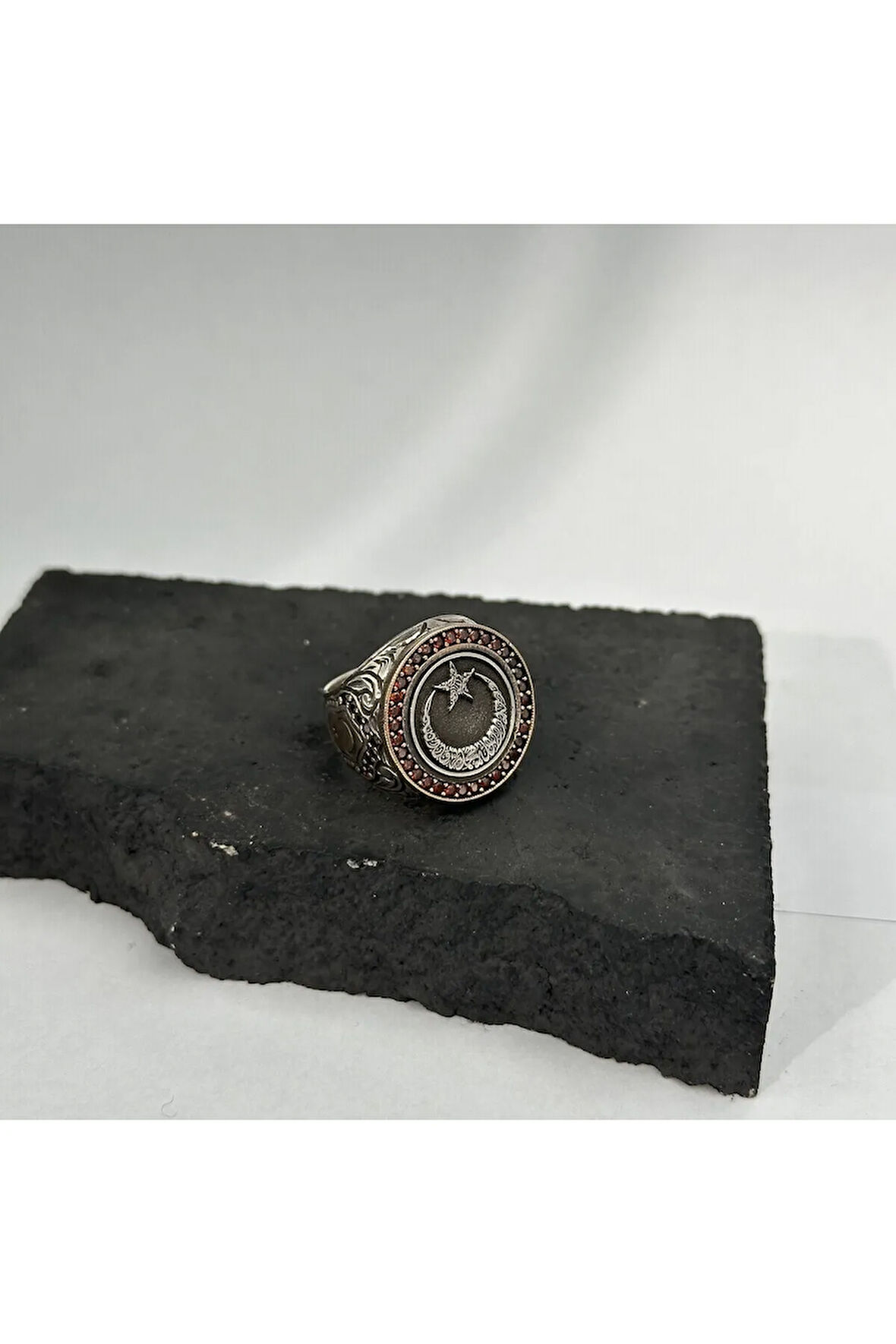 Yuvarlak Ay Yıldız Besmele Modeli Erkek Gümüş Yüzük 925 gram