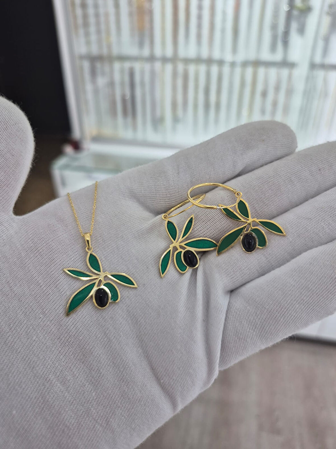 925 Ayar Papatya silver zeytin kolye küpe set.onix taşlı zeytin set.doğum taşlı zeytin set.rose.gold.rodaj