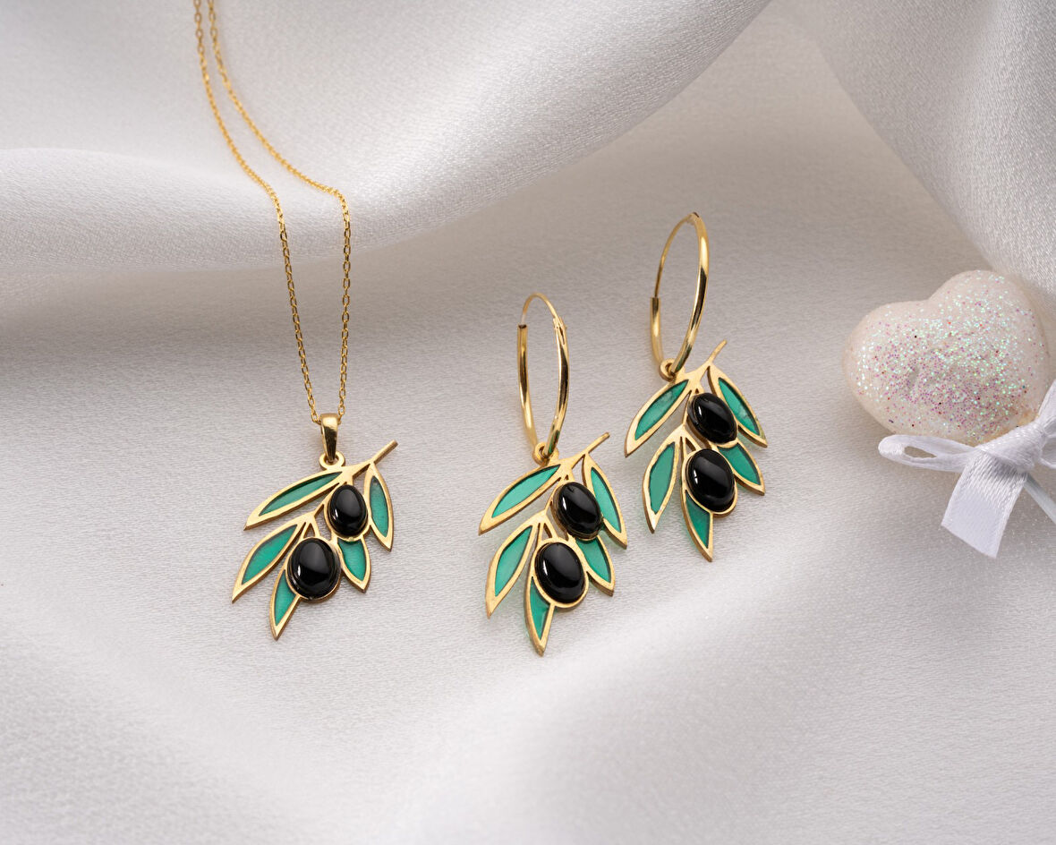 925 Ayar Papatya Silver onix taşlı zeytin küpe kolye set.rose.gold.rodaj