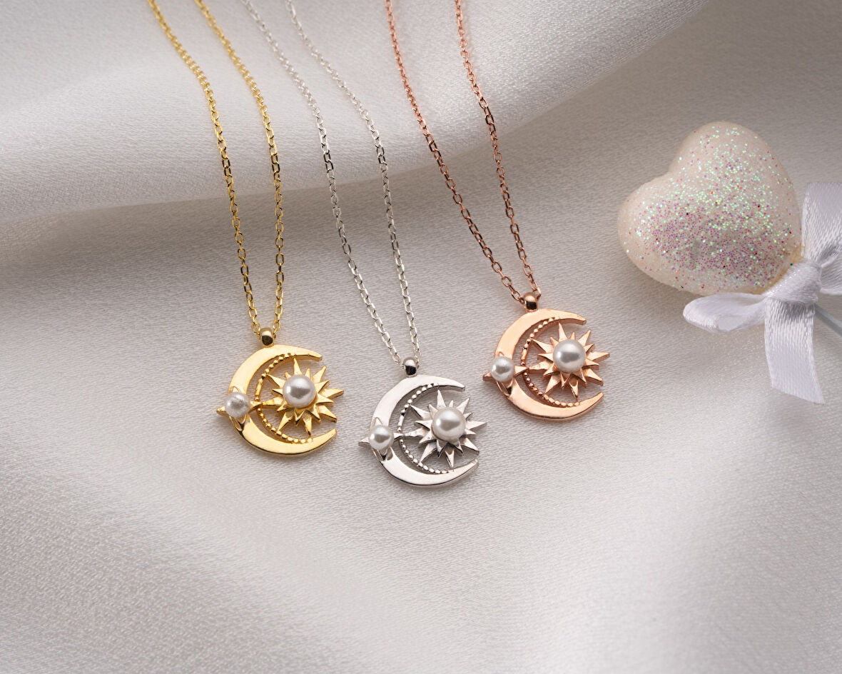 925 Ayar Papatya Silver ay güneş kolye.incili kolye.rose.gold.rodaj