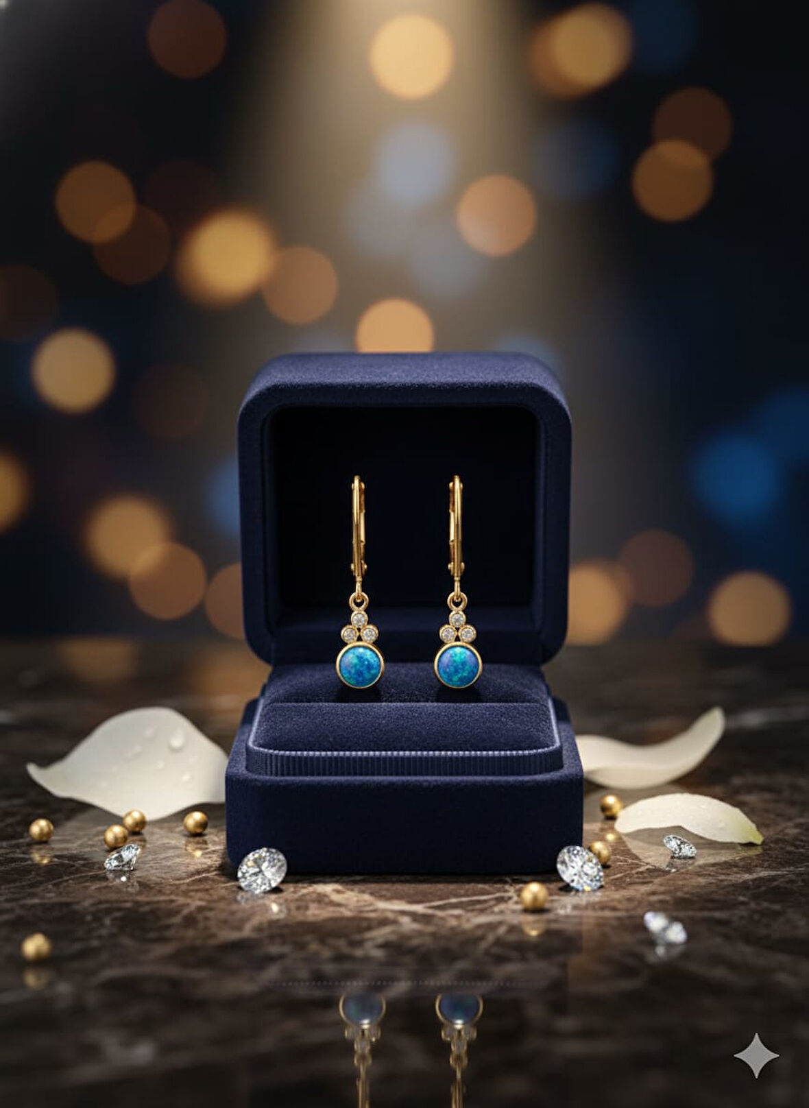 925 Ayar Papatya Silver mavi opal taşlı küpe.rose.gold.rodaj