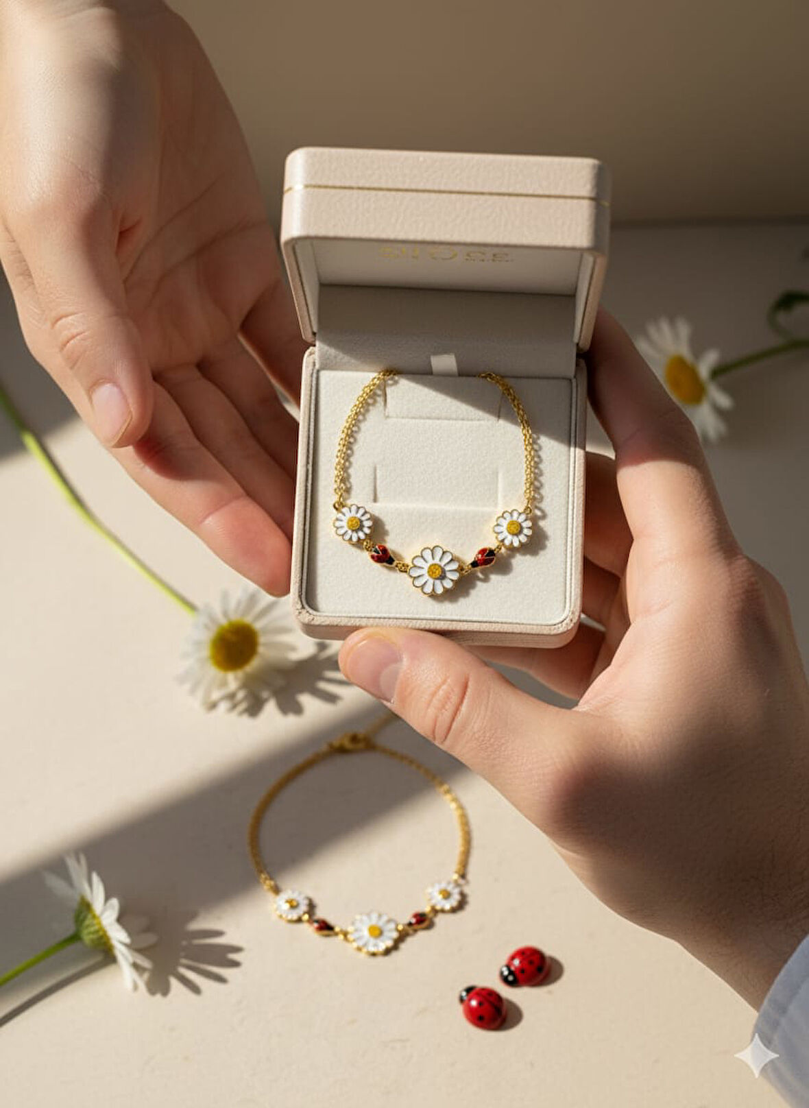 925 Ayar Papatya Silver uğur böcekli papatya bileklik.rose.gold.rodaj