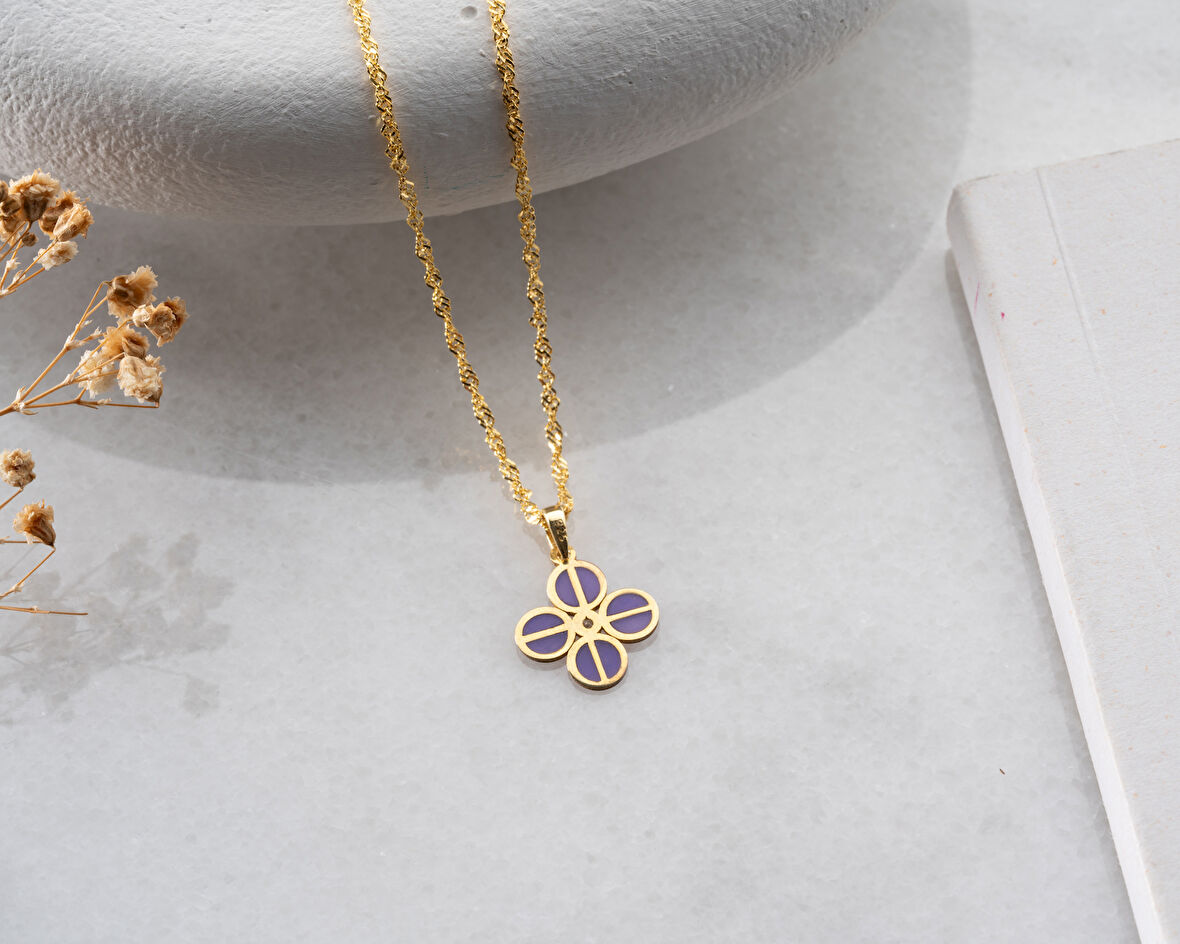 papatya silver 925 ayar dört yaprak lila pırlanta yonca kolye<rose,gold,rodaj>