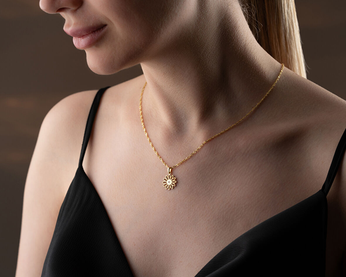 925 ayar papatya silver turuncu papatya pırlanta kolye<rose,gold,rodaj>