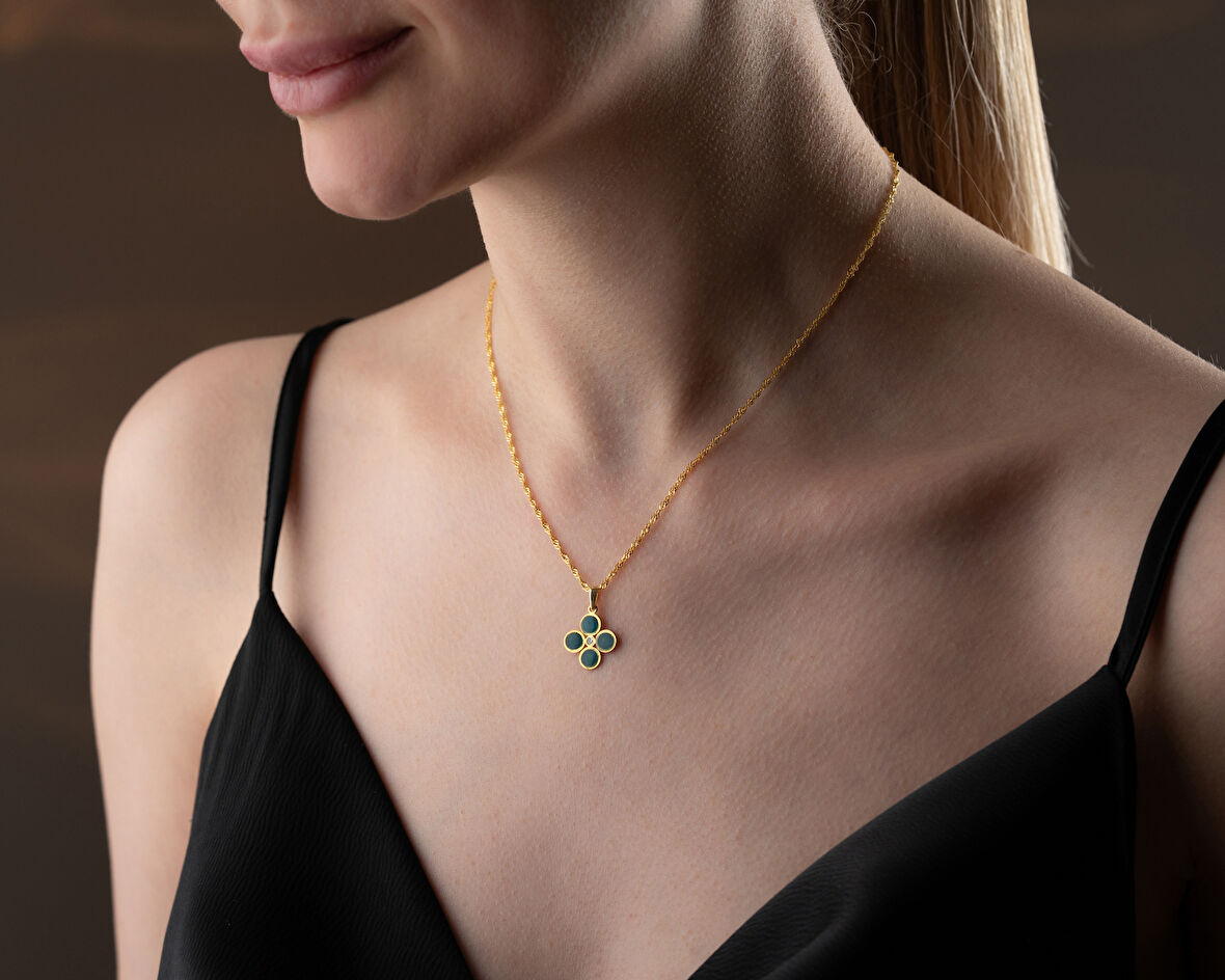 925 ayar papatya silver dört yaprak deniz mavisi pırlanta kolye<rose,gold,rodaj>