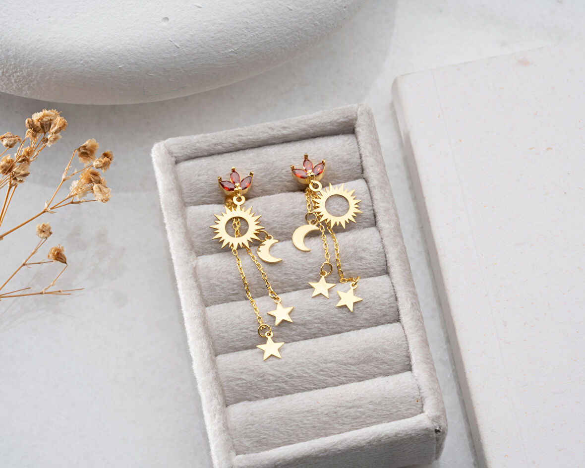 925 ayar papatya silver gökyüzü küpesi<rose,gold,rodaj>güneş,ay,yıldız