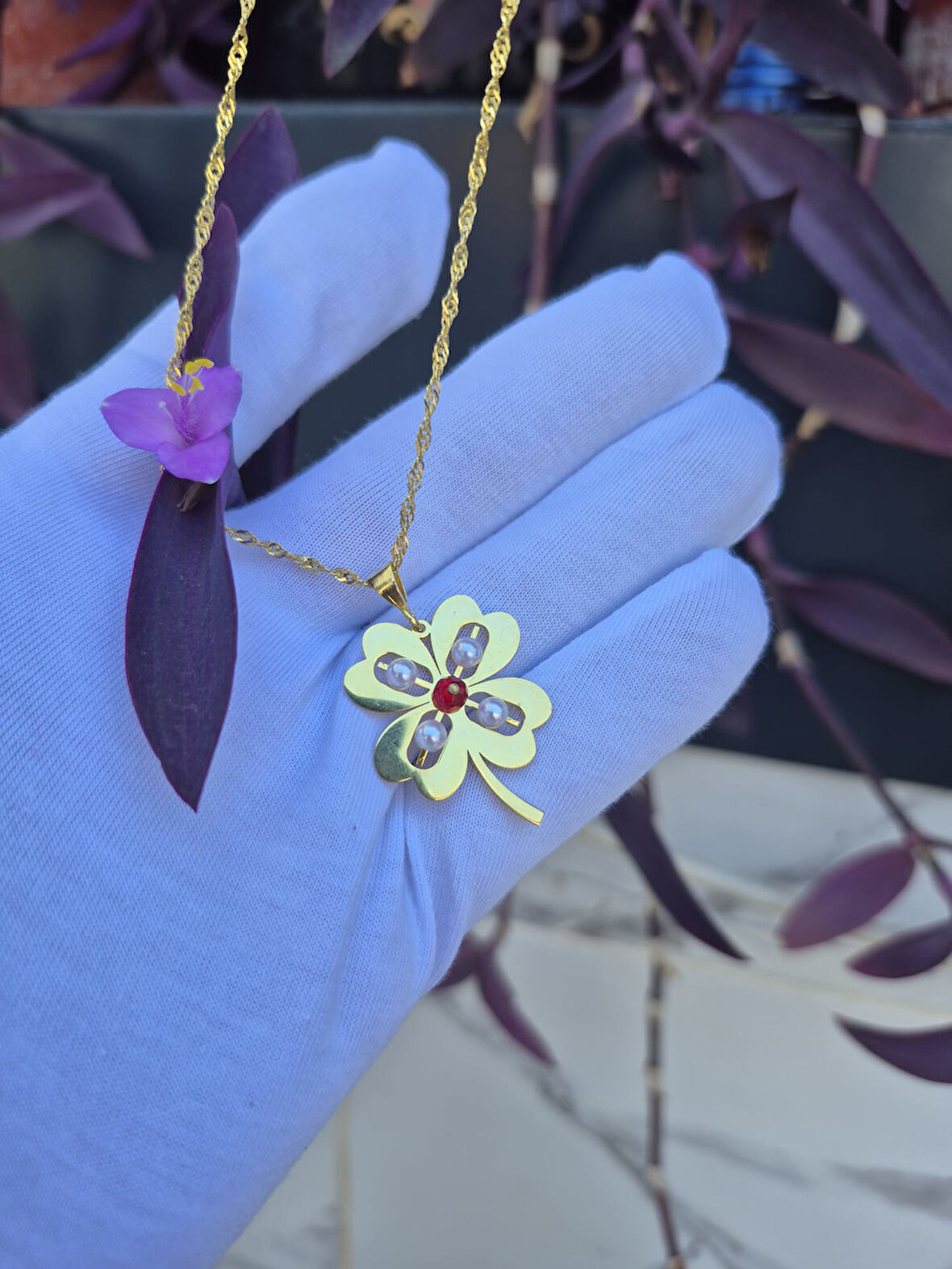 925 ayar papatya silver inci yonca kolye<rose,gold,rodaj>nar çekirdeği>