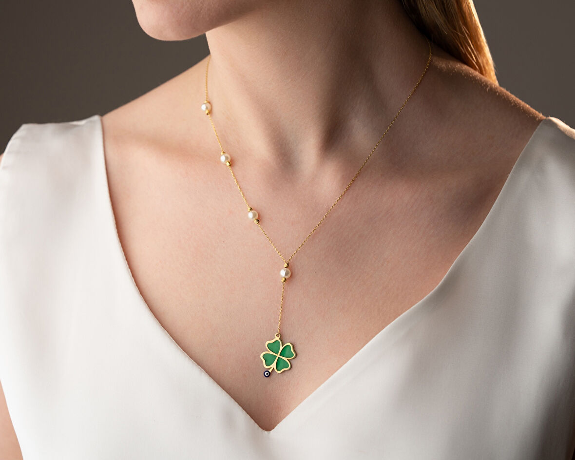 925 ayar papatya silver yeşil yonca Y kolye<yeşil yonca incili kolye<rose,gold,rodaj>