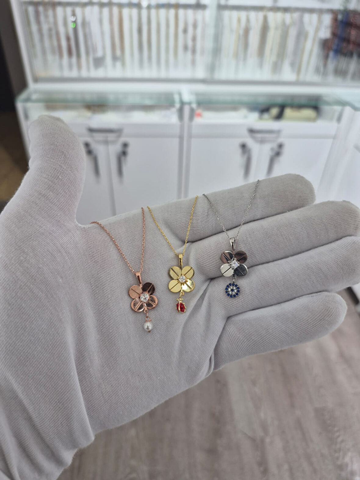 925 Ayar Papatya silver 3'lü set 4 yaprak yonca kolye.rose.gold.rodaj