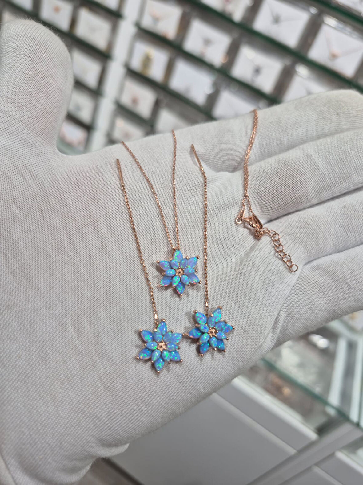 925 AYAR papatya silver turkuaz opal küpe,kolye set.opal takım.manolya set.rose.gold.rodaj