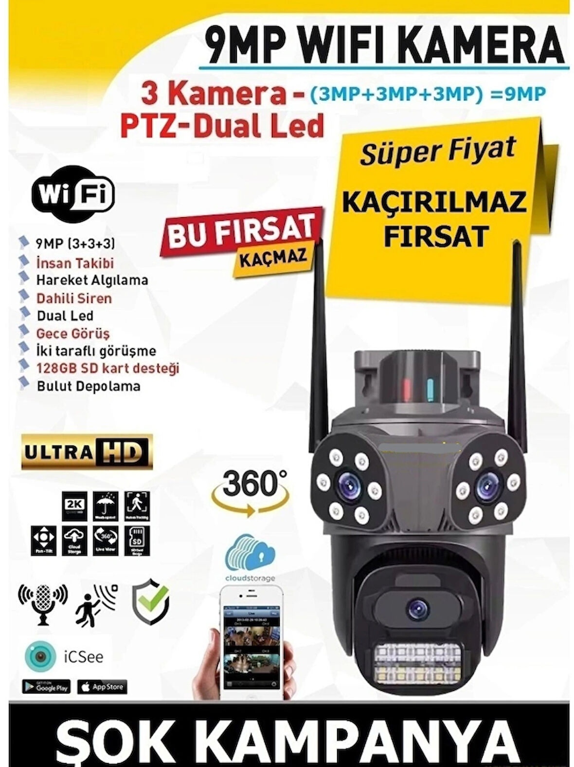 Üç Kameralı Speed Wifi Kamera (Alarm Siren- Uzaktan izleme-Kayıt Etme-Gece Görüş-Hareket Algılama)