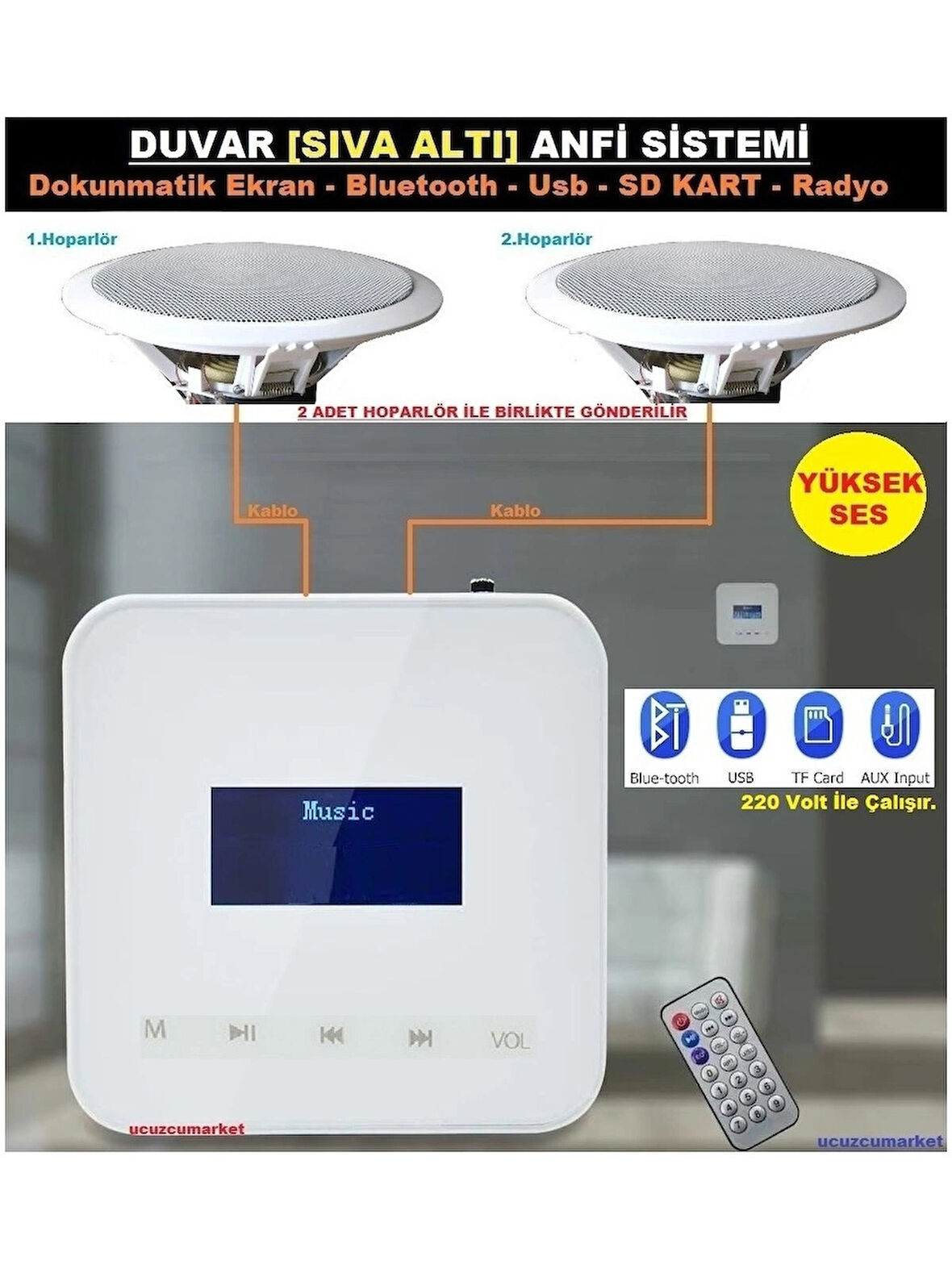 Dokunmatik Amfi Müzik Kontrol [SIVA ALTI] (Bluetooth-Usb-Sd Kart-Radyo-Kumandalı)