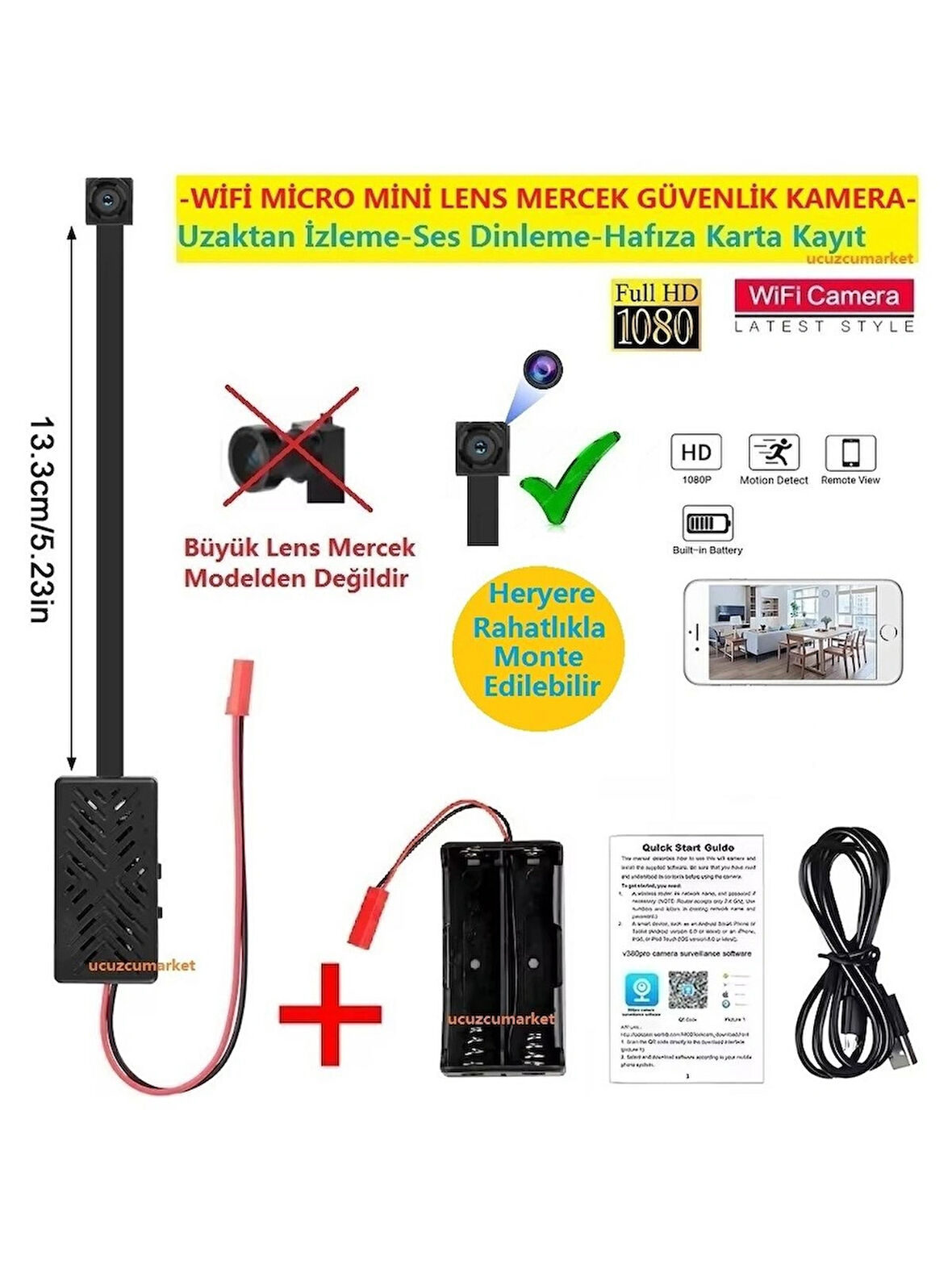 Wifi Micro Mini Lens Güvenlik Kamera (Uzaktan izleme-Ses Dinleme-Hafıza Kart Kayıt-Hareket Algılama