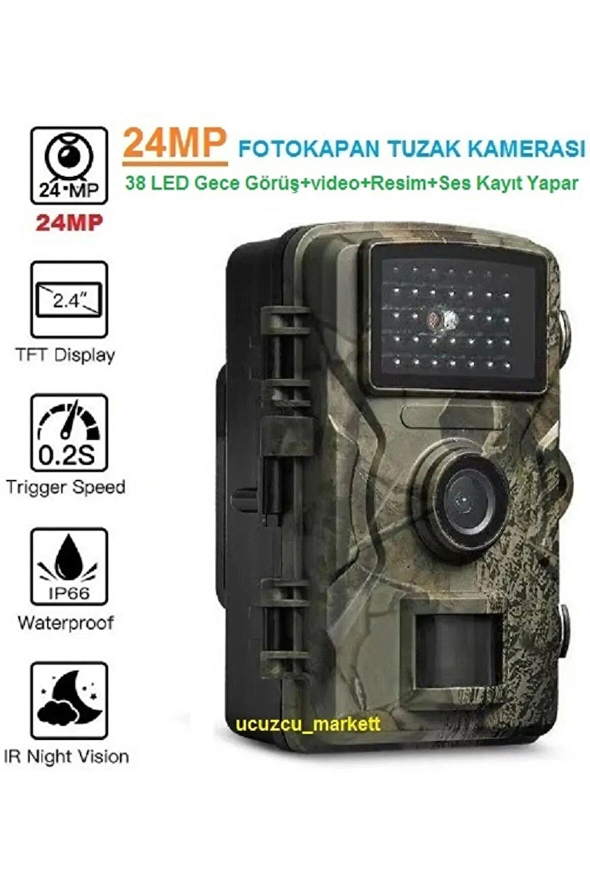 24 Megapixell  Fotokapan - 38 LED Gece Görüşlü Video + Resim + Ses Kayıt Yapar