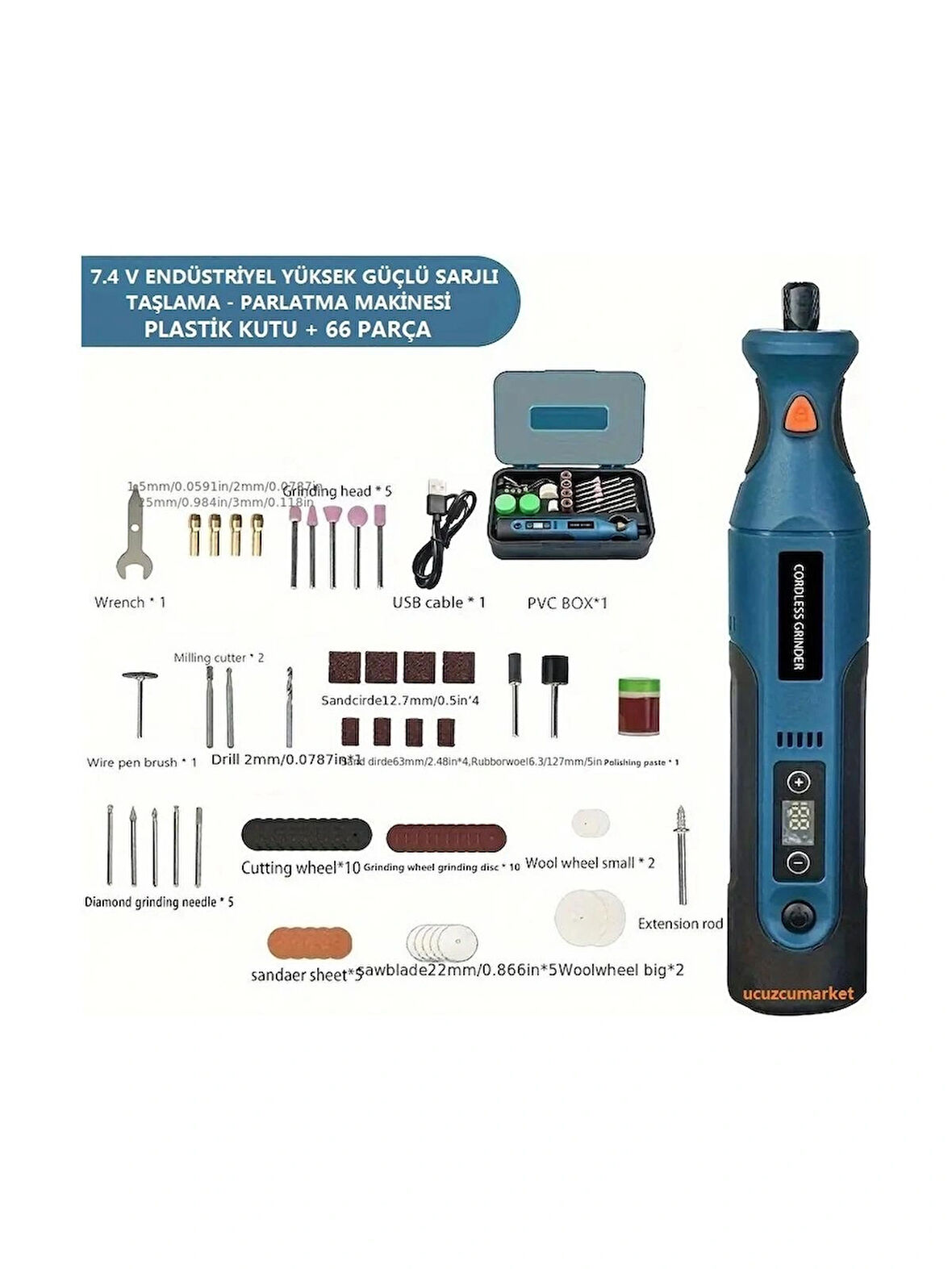 Parlatma Makinesi (66 Parça) Profesyonel 7.4V Yüksek Güçlü Şarjlı Taşlama