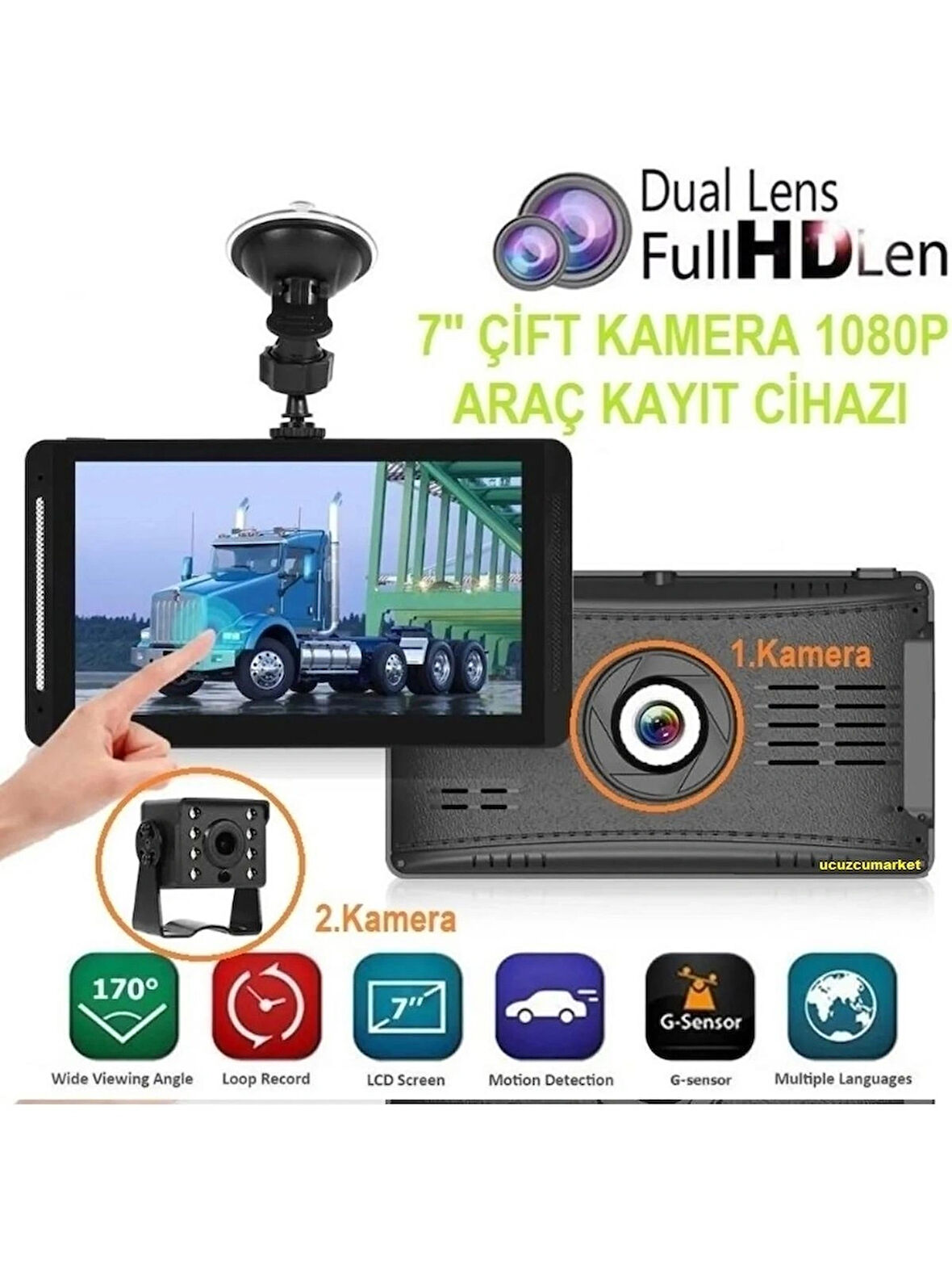 7 inç Ekran-Mikrofon Gece Görüşlü Çift Kamera Tüm Araçlara Uyumlu Araç Kayıt Cihazı 32 GB Hafıza 