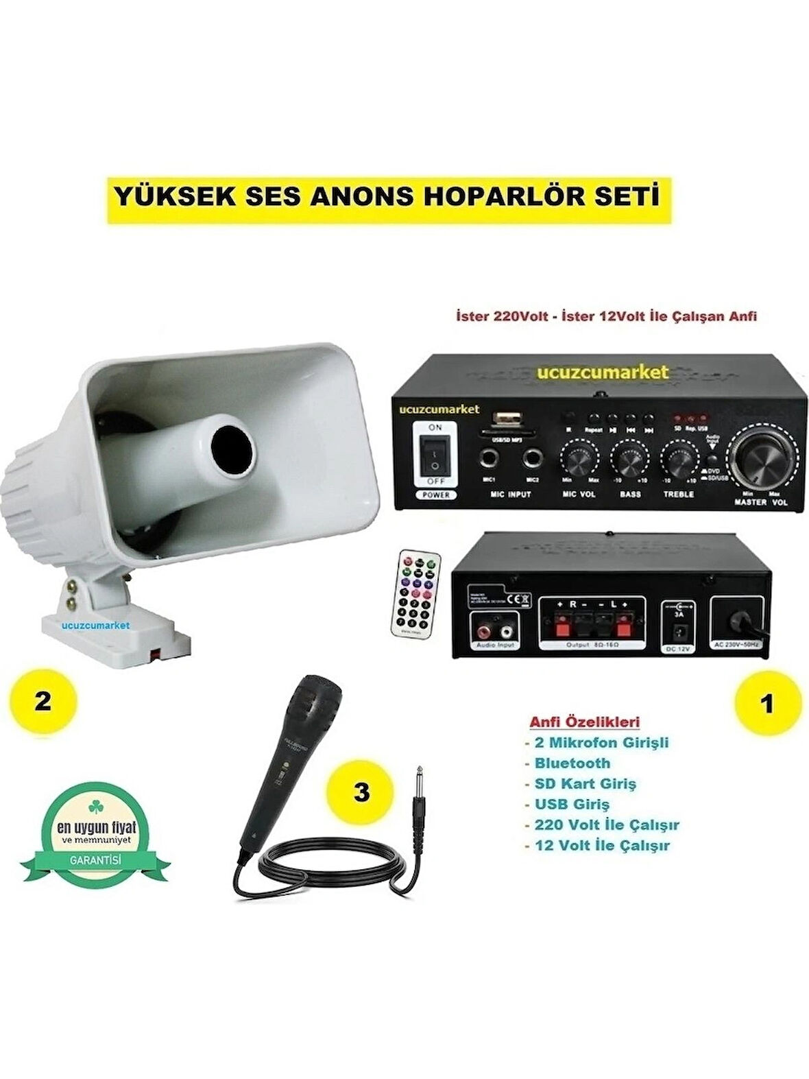 Yüksek Ses Anons Hoparlör Seti (Büyük Boy Hoparlör - Mikrofon - USB - SD Kart Girişli Mobil Amfi)