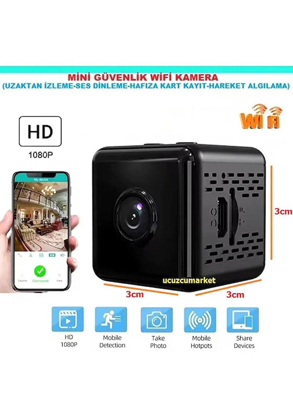 MİNİ WİFİ GÜVENLİK KAMERA  (Uzaktan İzleme-Ses Dinleme-Hafıza Kart Kayıt-Hareket Algılama)  