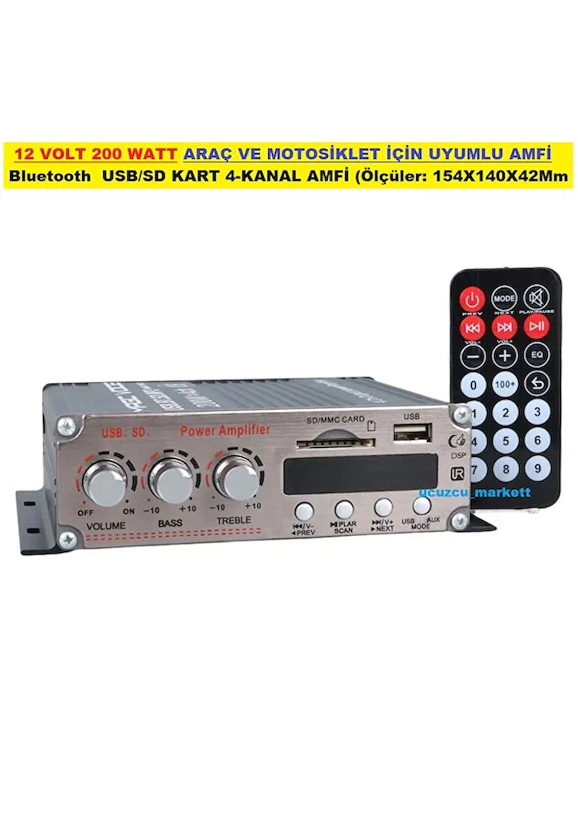 12 Volt 200 Watt Araç Ve Motosiklet İçin Uyumlu Amfi 