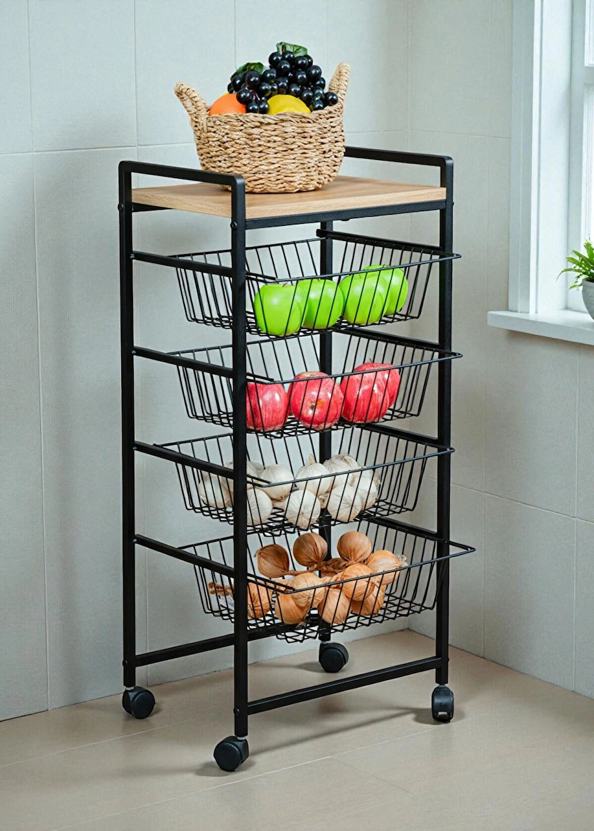 DEKORATİF TEKERLEKLİ METAL SEBZELİK 4 TEL SEPETLİ ÇAM AHŞAP RAFLI ÇOK AMAÇLI STAND