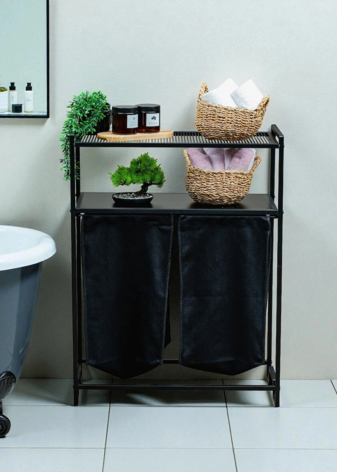 DEKORATİF KİRLİ SEPETLİ BANYO DOLABI 2 RAFLI 2 BÖLMELİ ÇAMAŞIR SEPETİ BANYO DÜZENLEYİCİ ORGANİZER