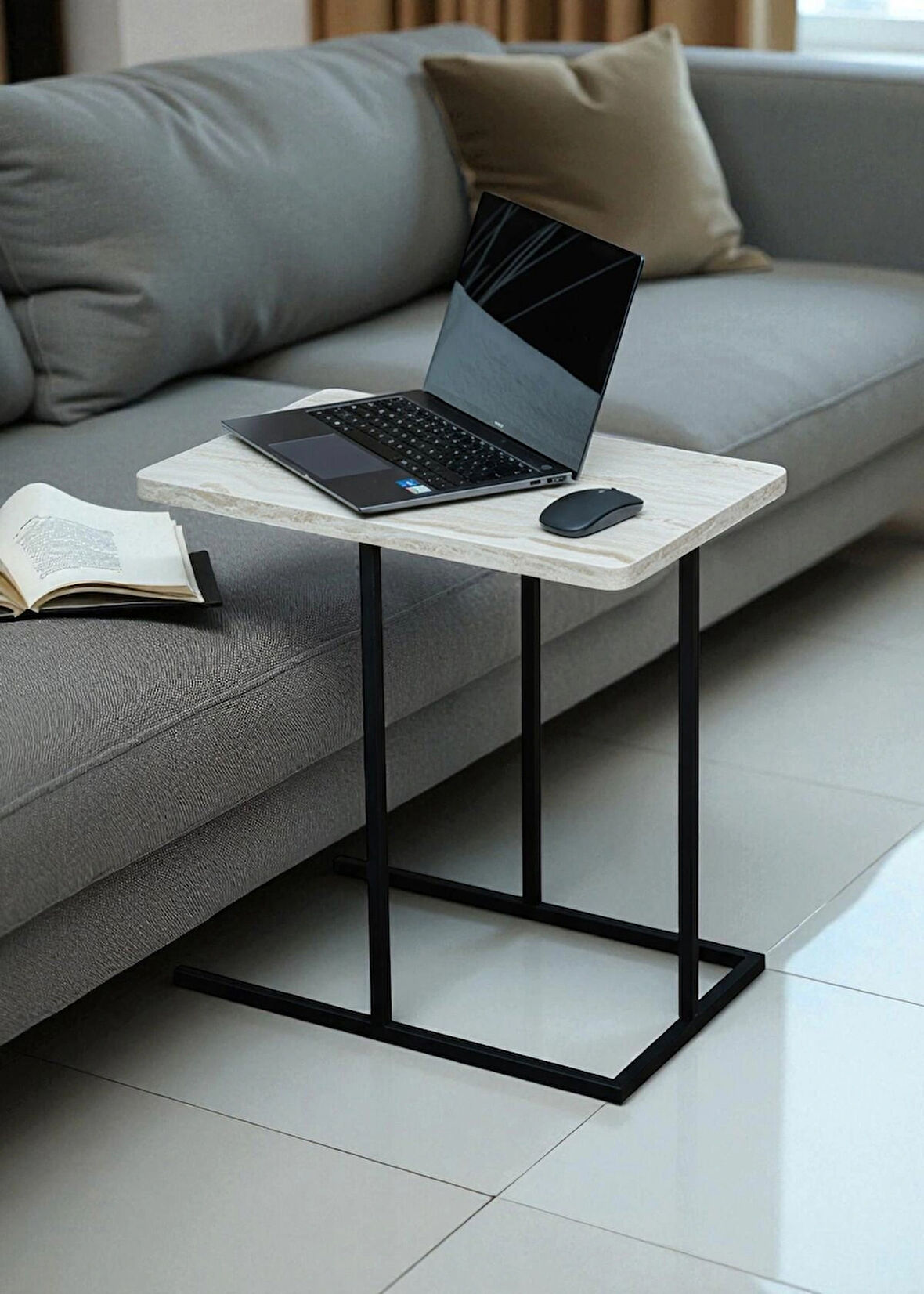 DEKORATİF BEYAZ METAL YAN SEHPA AHŞAP RAFLI KOLTUK YANI SERVİS SEHPASI ÇOK AMAÇLI ZİGON C SEHPA