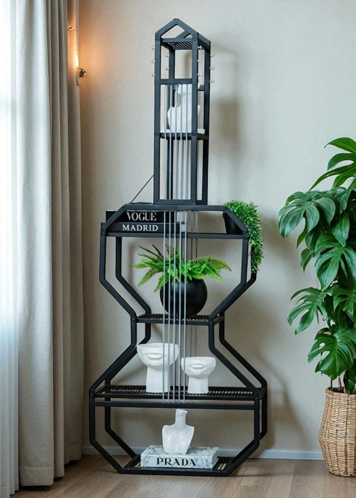 DEKORATİF SİYAH METAL KİTAPLIK RAFLI GİTAR ÜNİTE ÇOK AMAÇLI SALON OFİS DÜZENLEYİCİ