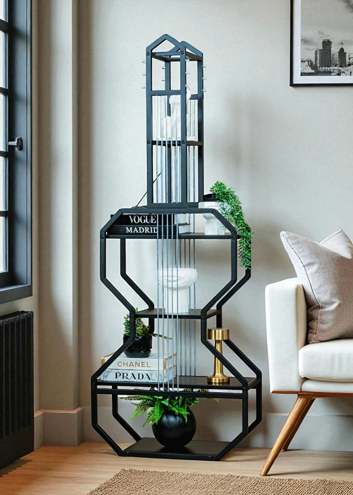 DEKORATİF SİYAH METAL KİTAPLIK SİYAH AHŞAP RAFLI GİTAR ÜNİTE ÇOK AMAÇLI SALON OFİS DÜZENLEYİCİ
