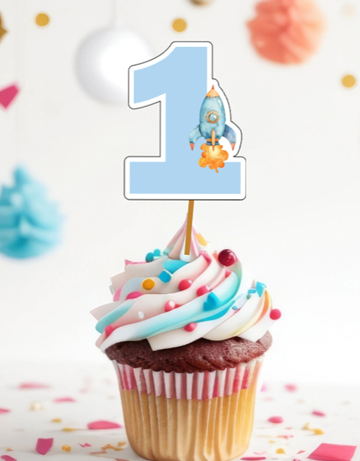 15 Adet Uzay Konsept One 1 Yaş Cupcake Kürdanı 6-7cm Pasta Kürdanı 1 Yaş Doğum Günü Süsü