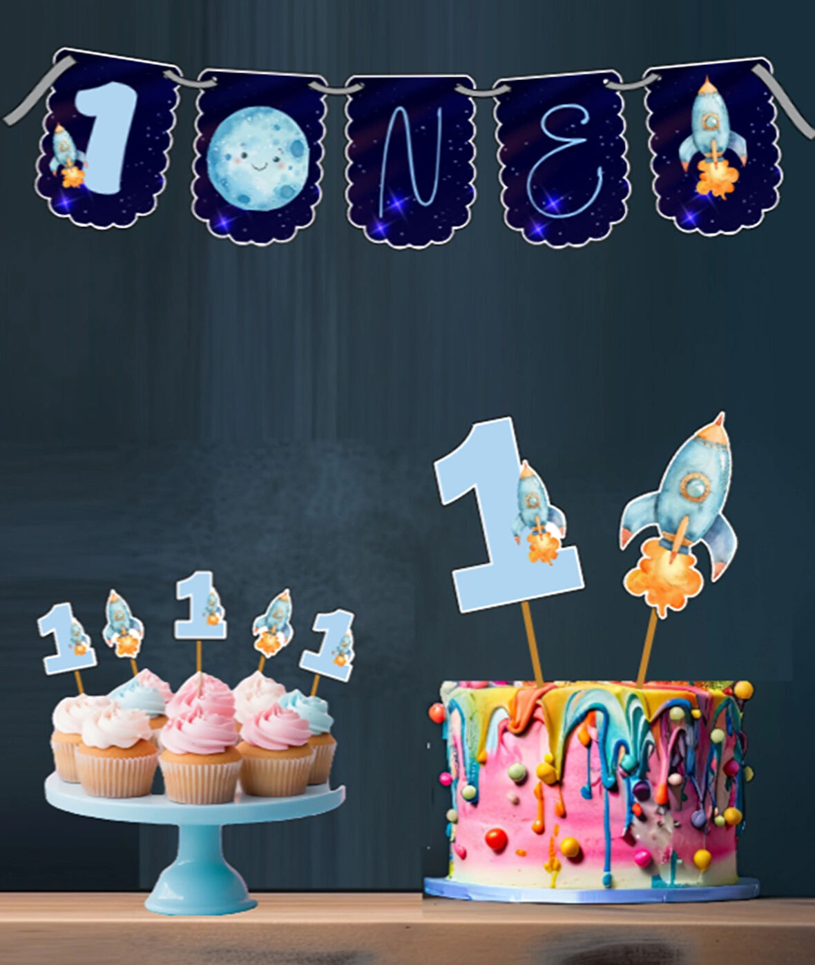 Uzay Temalı 3 Lü Set One 1 Yaş Doğum Günü Süsü Banner + Pasta Süsü + Cupcake Kürdani