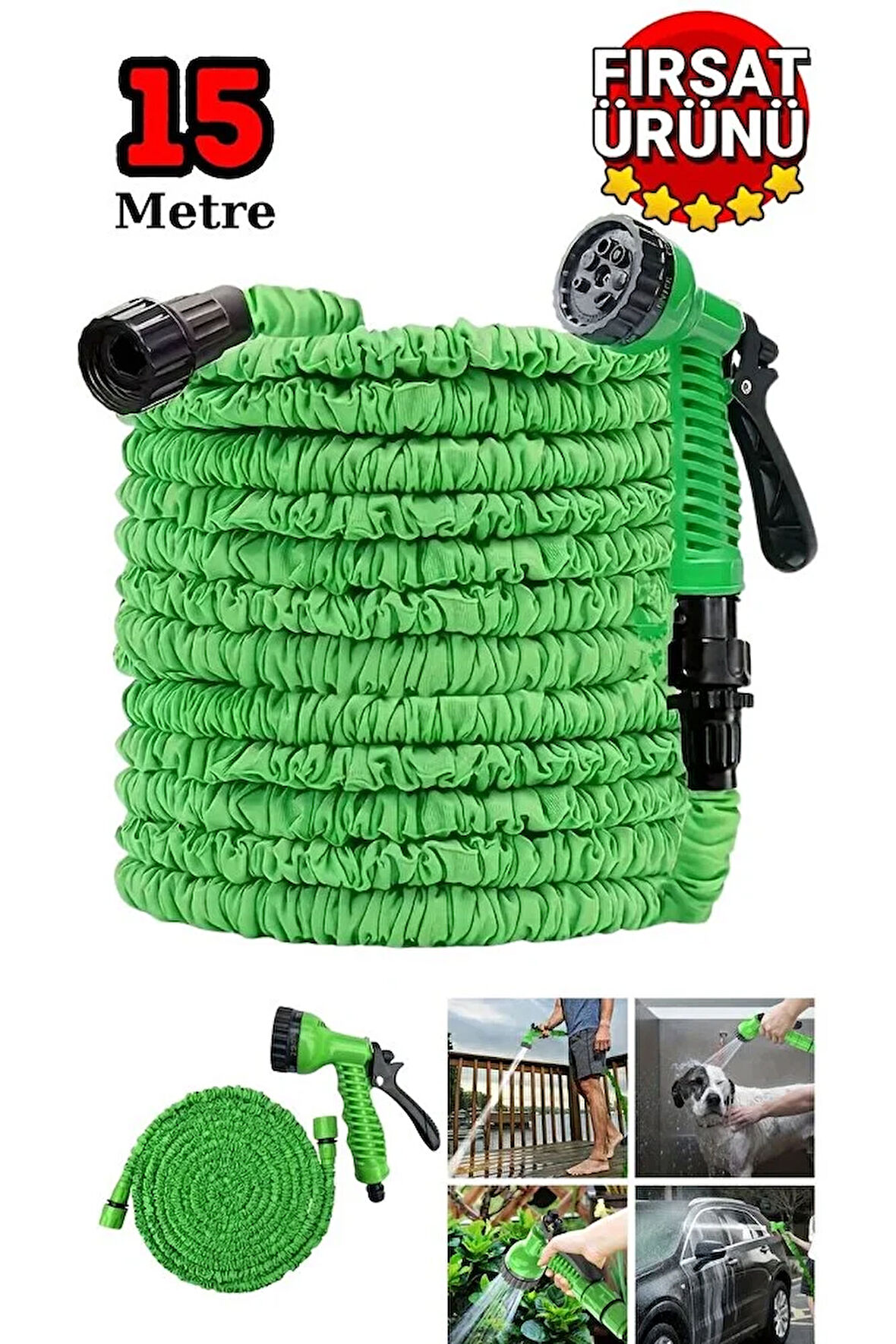 7 Fonksiyonlu Uzayan Hortum l Araç yıkama l Bahçe Sulama l İlaçlama l Yıkama Hortumu 15 m