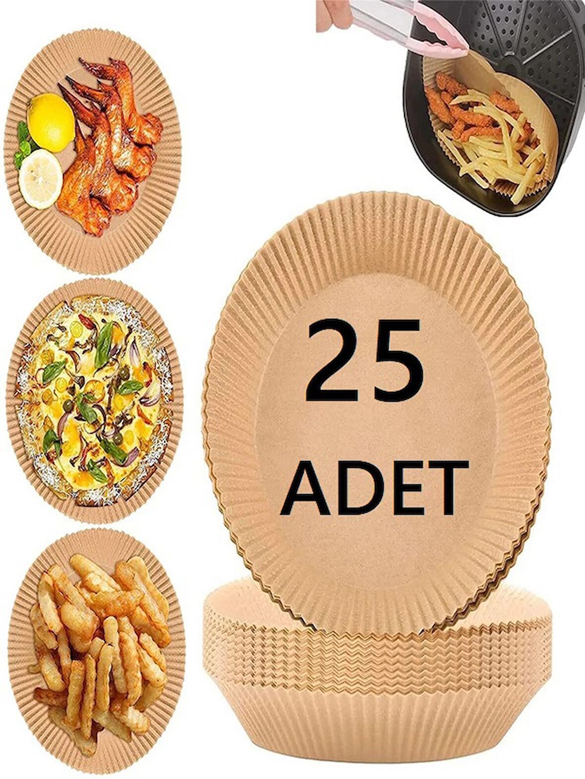 25 adet Airfryer Pişirme Kağıdı Hava Fritözü Yağsız Fritöz Pişirme Kağıdı 25li Yağlı Kağıt Air Fryer