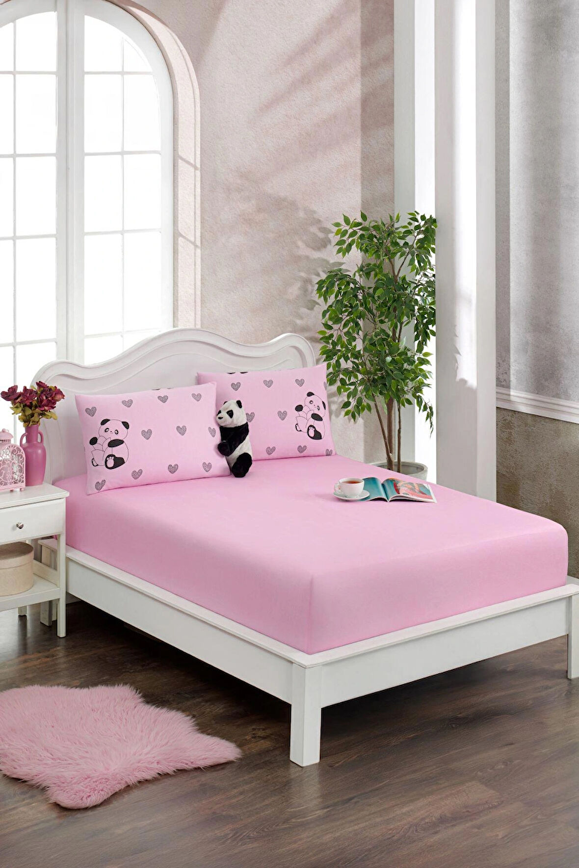 120x200 Pembe Panda 1 Adet Yatık Kılıflı Lastikli Çarşaf
