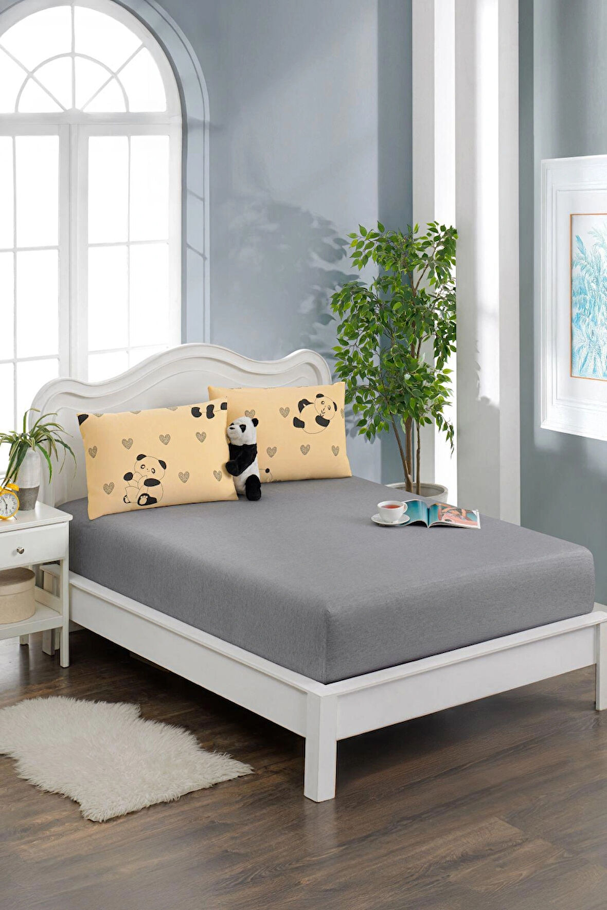 180x200 Sarı Panda 2 Adet Yastık Kılıflı Lastikli Çarşaf
