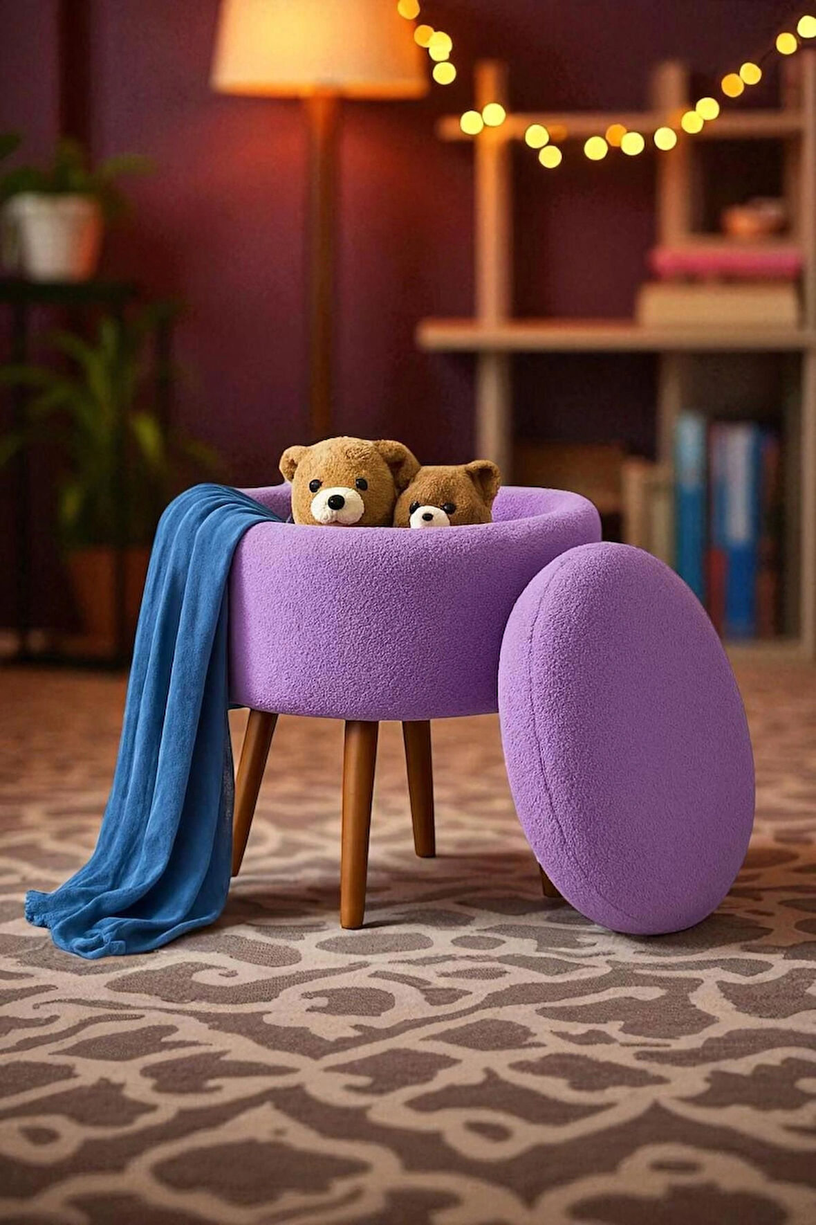 VALORA Teddy Peluş Oval Sandıklı Puf – Ahşap Ayaklı Retro Dekoratif Bench