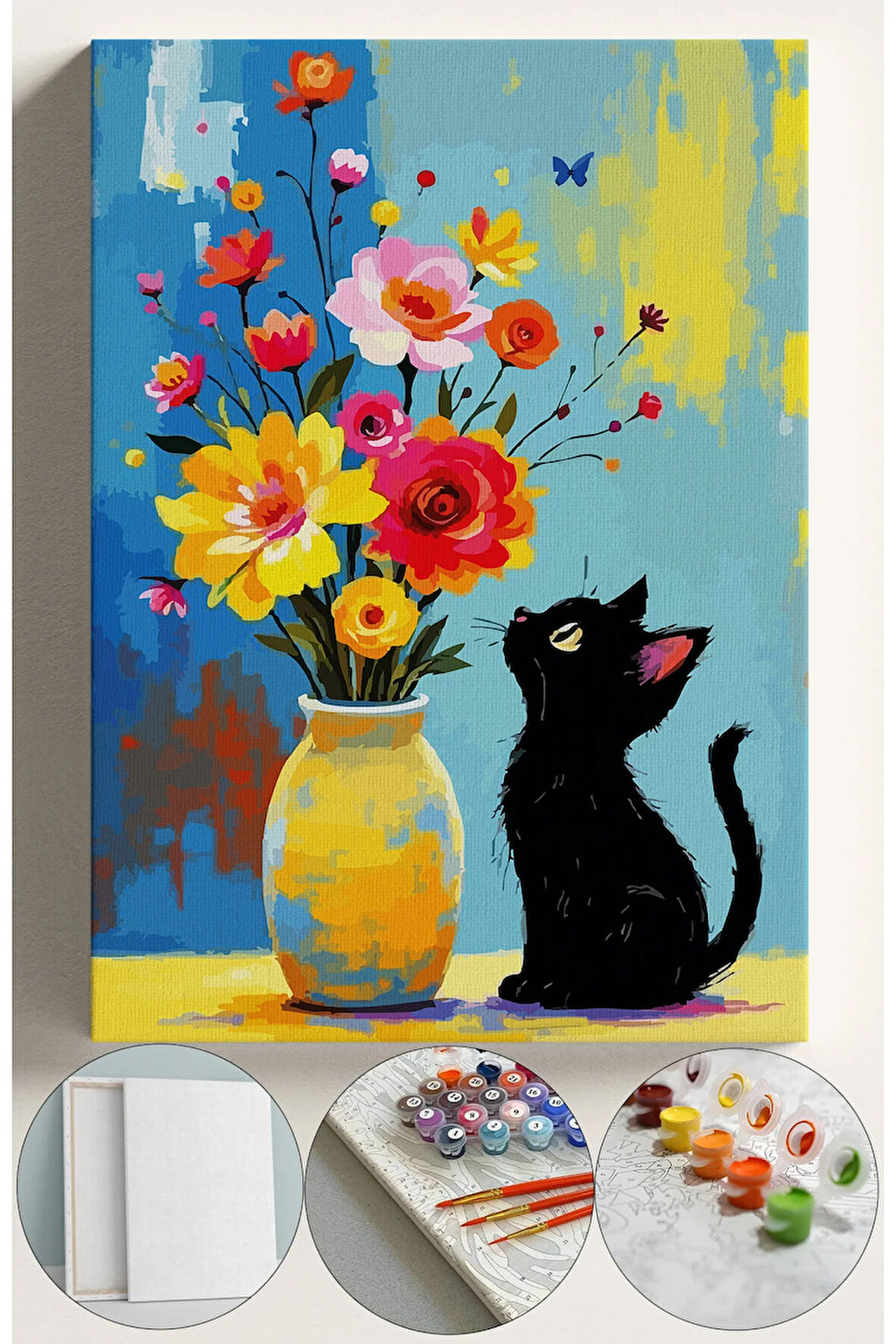 Sayılarla Boyama Seti Numaralı Tuval Fırça Boya 40x50 Cm - VAZO VE KEDİ