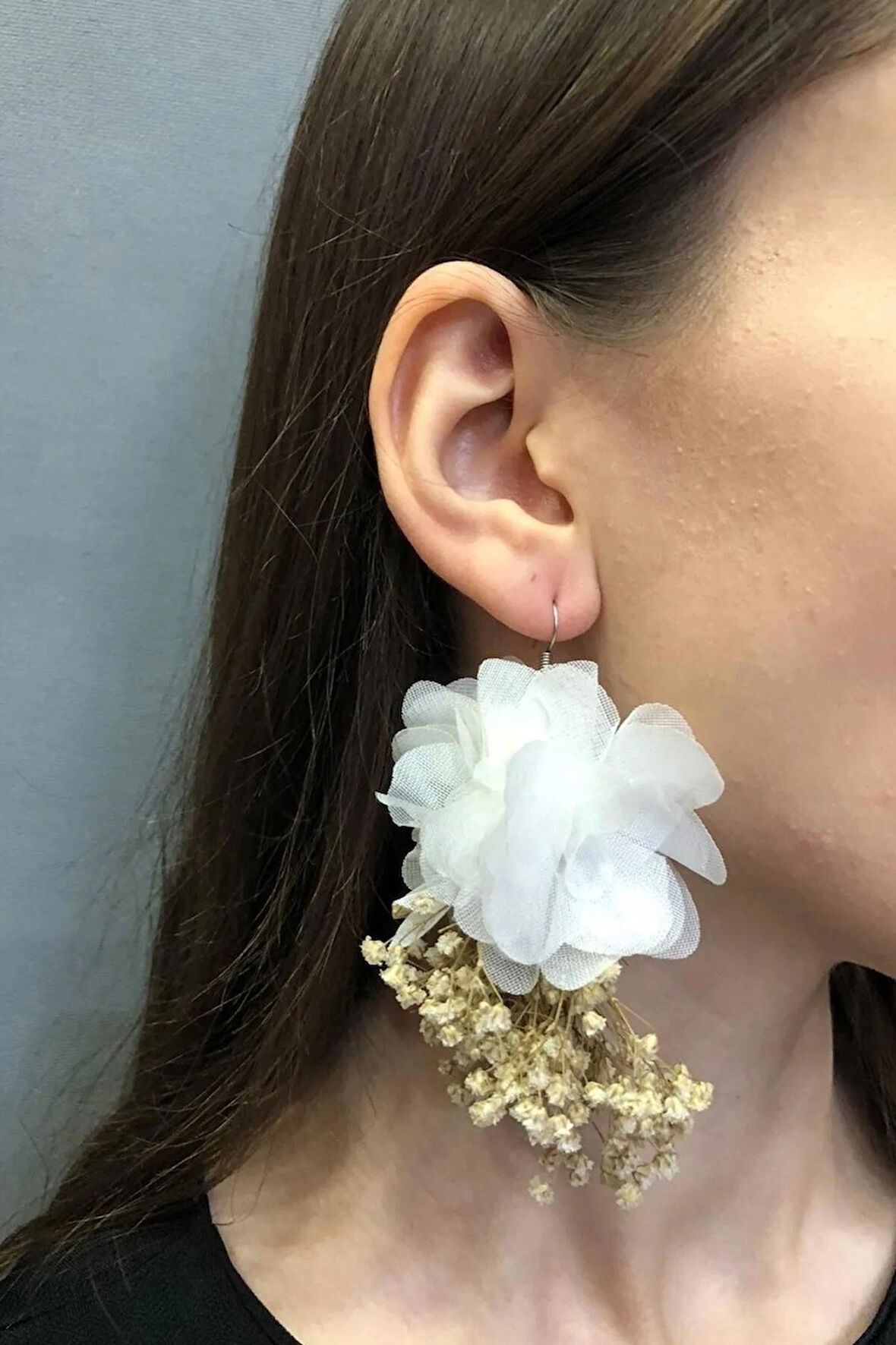 Çiçekli Gelin Küpesi Lazer Gül Ve Kuru Çiçekli Gelin Küpesi