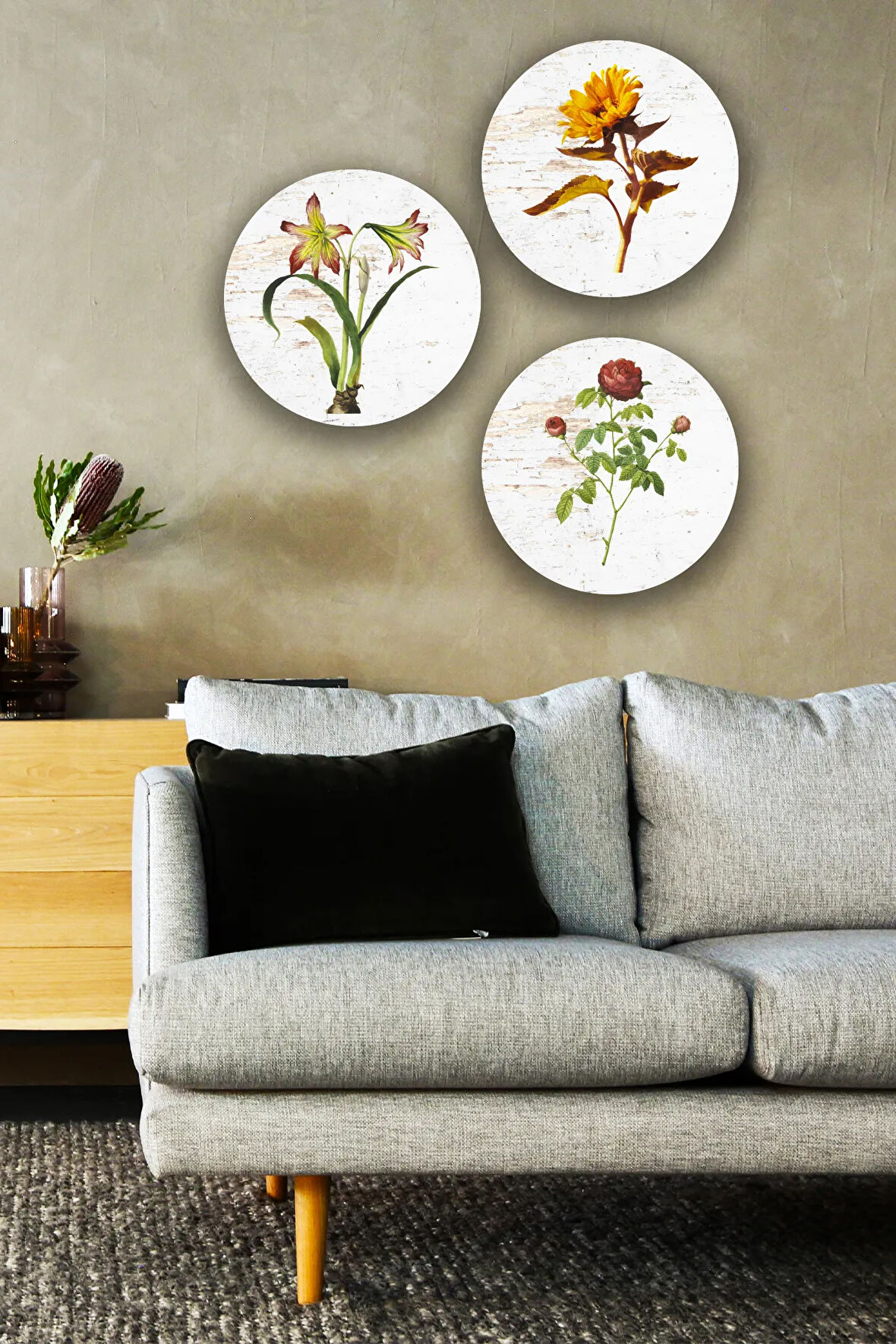 Çiçek Tablo Seti, 3'lü Dekoratif Vintage Süs, Oturma Odası, Yatak Odası, Salon, Ofis Duvar Dekoru