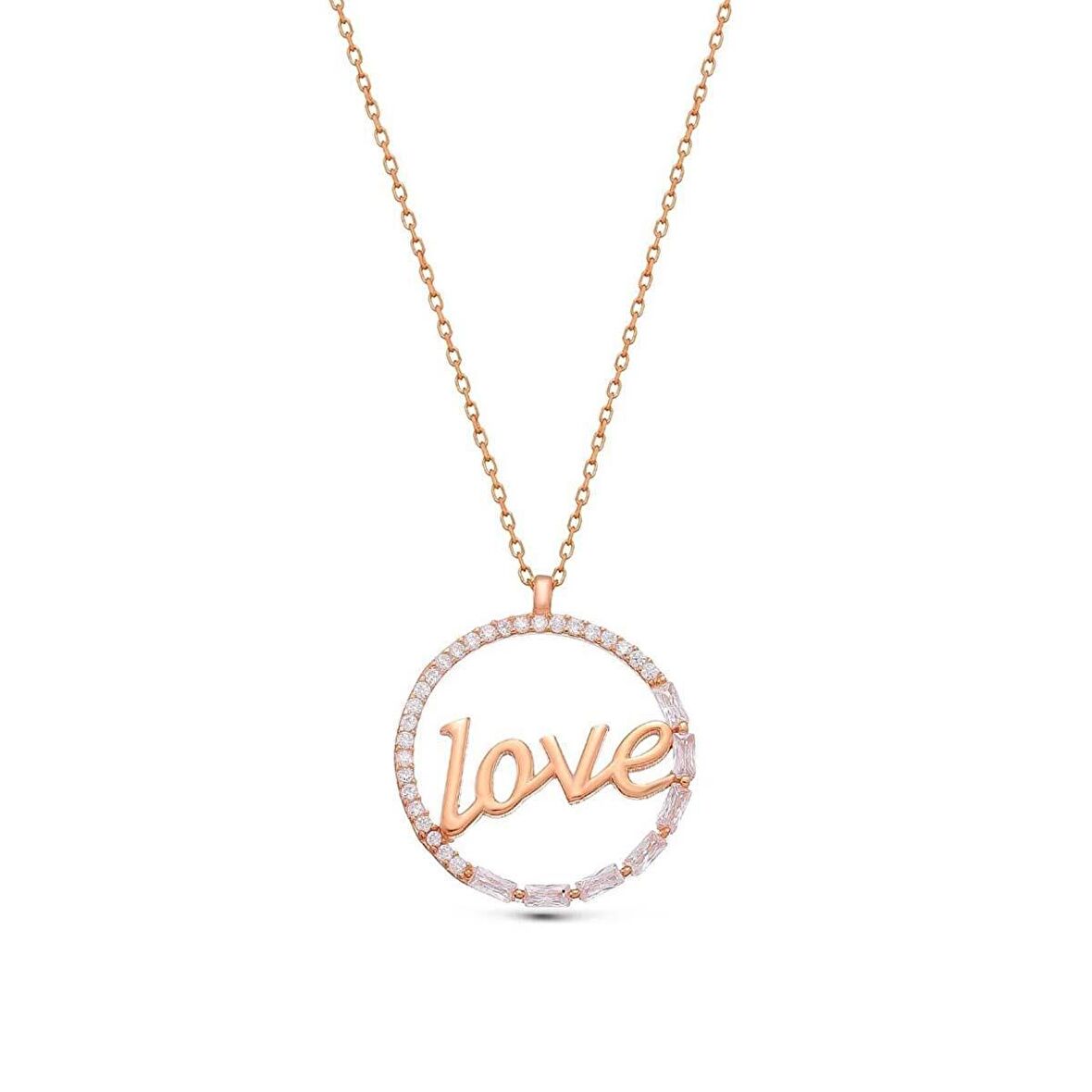 Love Yazılı Zirkon Taşlı Rose Gümüş Kolye -Z3486