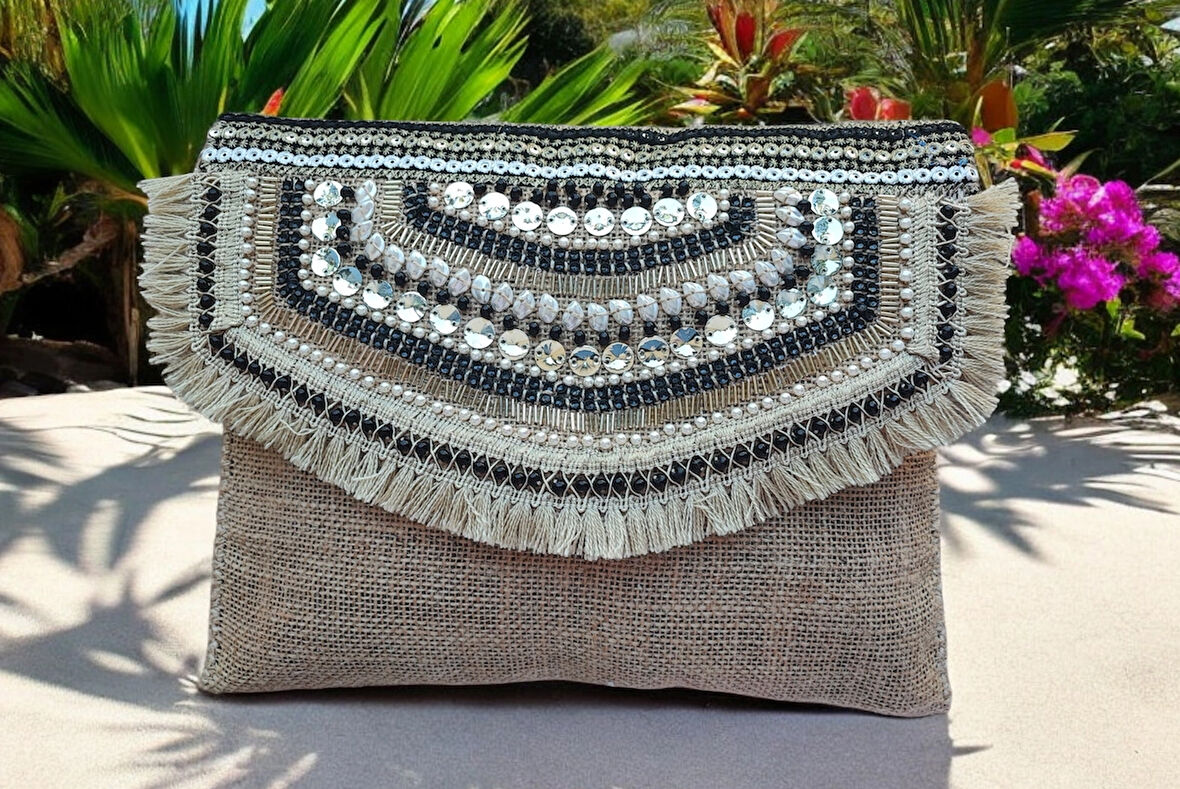 El Yapımı Boncuk İşlemeli Kadın Porföy Clutch El Kol Omuz Çantası